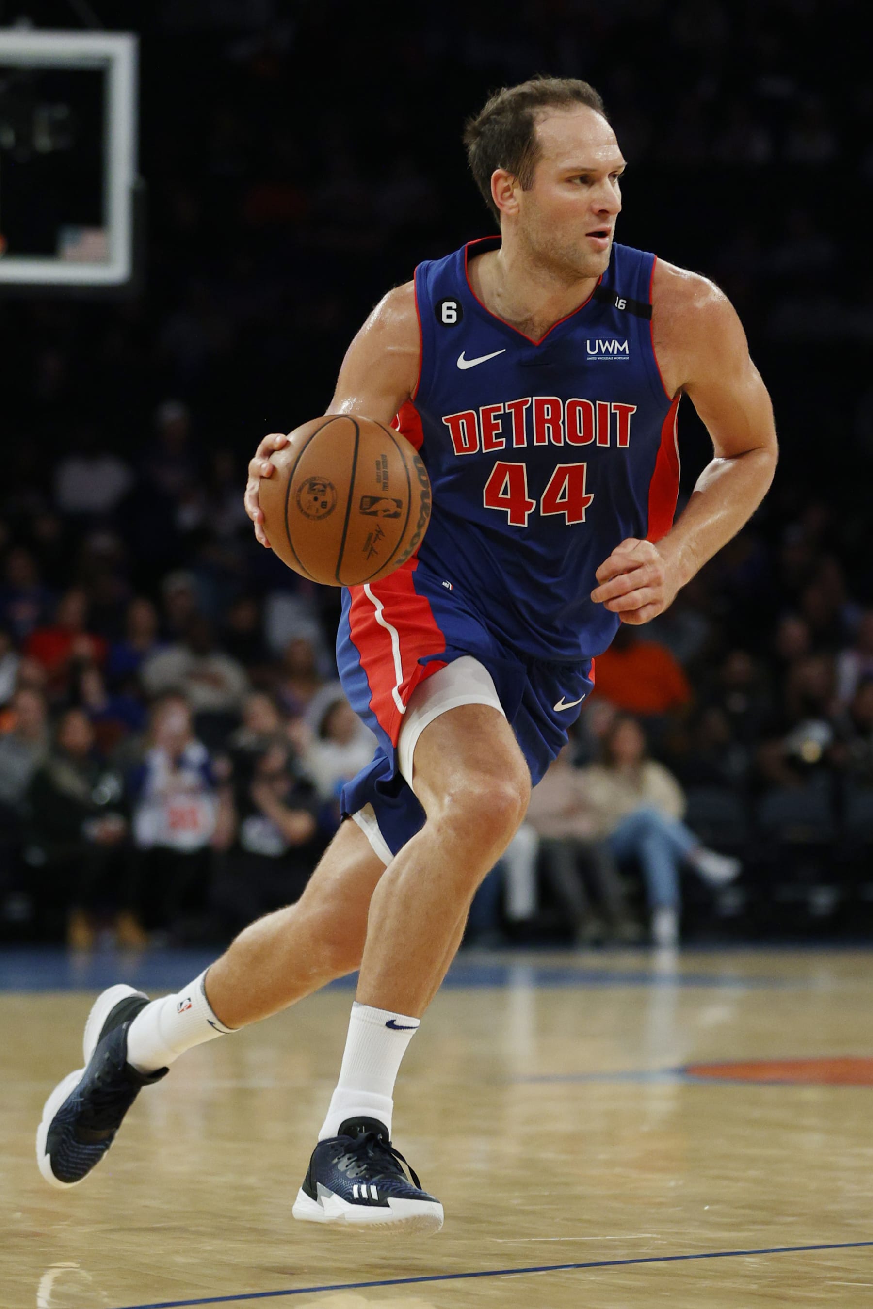 NEW YORK, NEW YORK - OCTOBER 04: Bojan Bogdanovic #44 of the Detroit Pistons dribbles during the first half against the New York Knicks at Madison Square Garden on October 04, 2022 in New York City. NOTE TO USER: User expressly acknowledges and agrees that, by downloading and or using this photograph, User is consenting to the terms and conditions of the Getty Images License Agreement. (Photo by Sarah Stier/Getty Images)