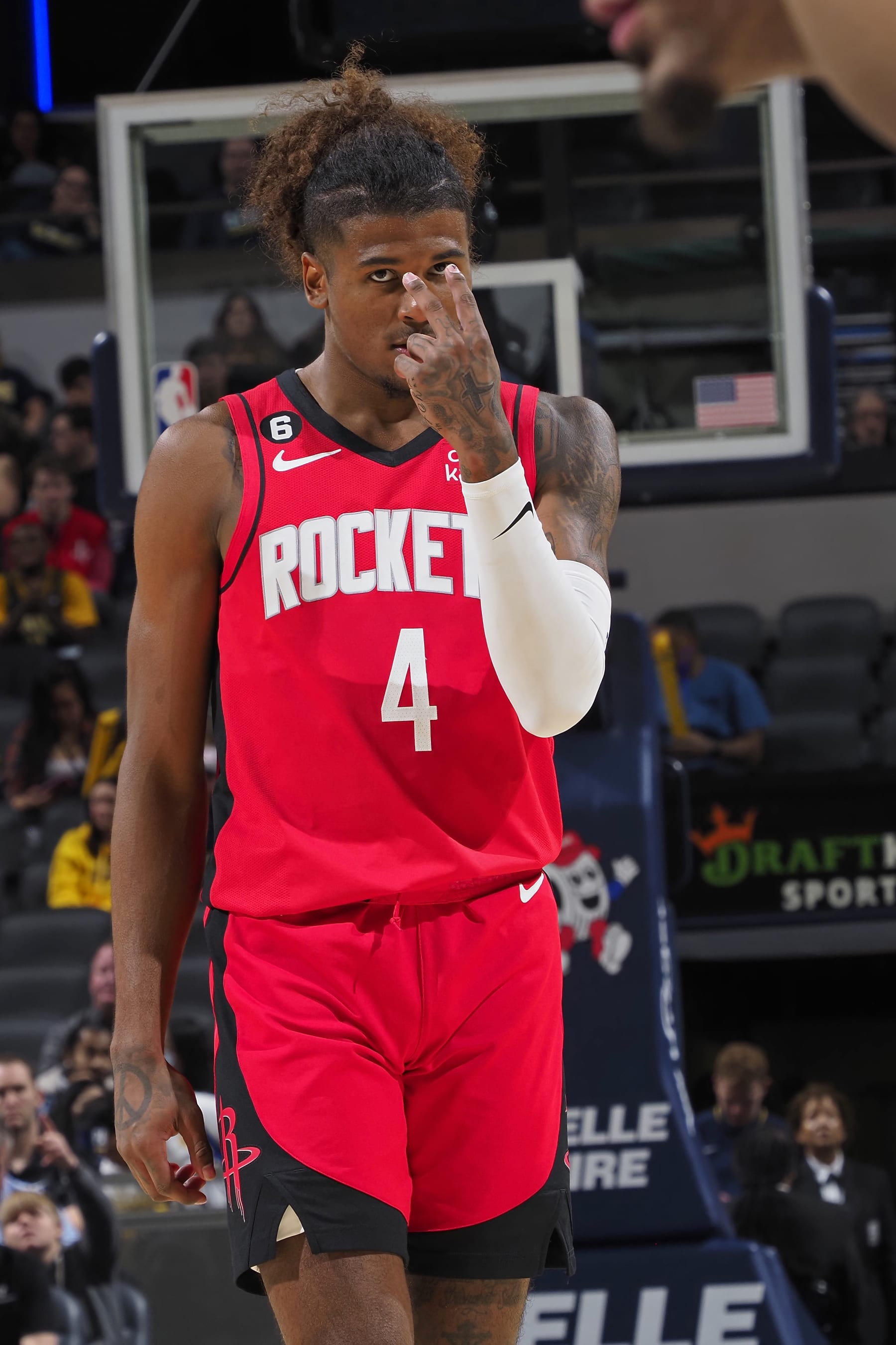 INDIANAPOLIS, IN - OCTOBER 14: Jalen Green #4 of the Houston Rockets looks on against the Indiana Pacers during a preseason game on October 14, 2022 at Gainsbridge Fieldhouse in Indianapolis, Indiana. NOTE TO USER: User expressly acknowledges and agrees that, by downloading and or using this Photograph, user is consenting to the terms and conditions of the Getty Images License Agreement. Mandatory Copyright Notice: Copyright 2022 NBAE (Photo by Ron Hoskins/NBAE via Getty Images)