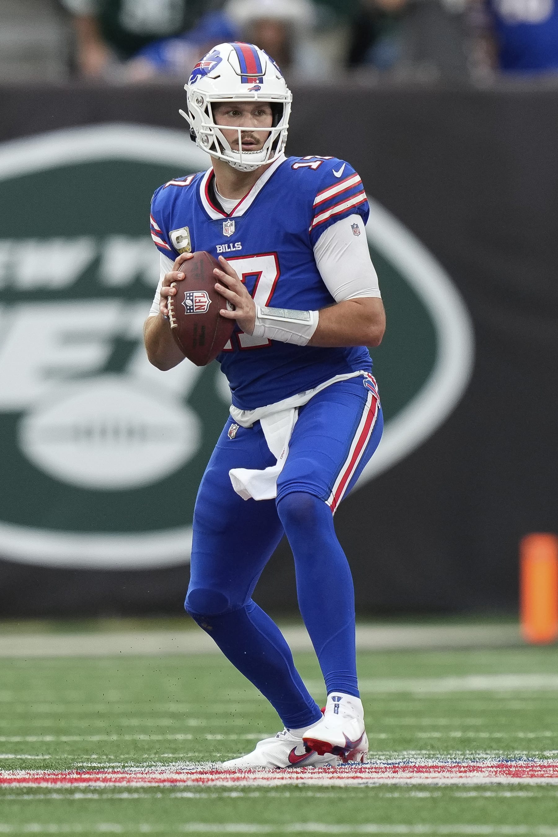 Buffalo Bills quarterback Josh Allen (17) prepares to throw the ball during the second half an NFL football game against the New York Jets in East Rutherford, N.J., on Sunday, Nov. 6, 2022. (AP Photo/Bryan Woolston)