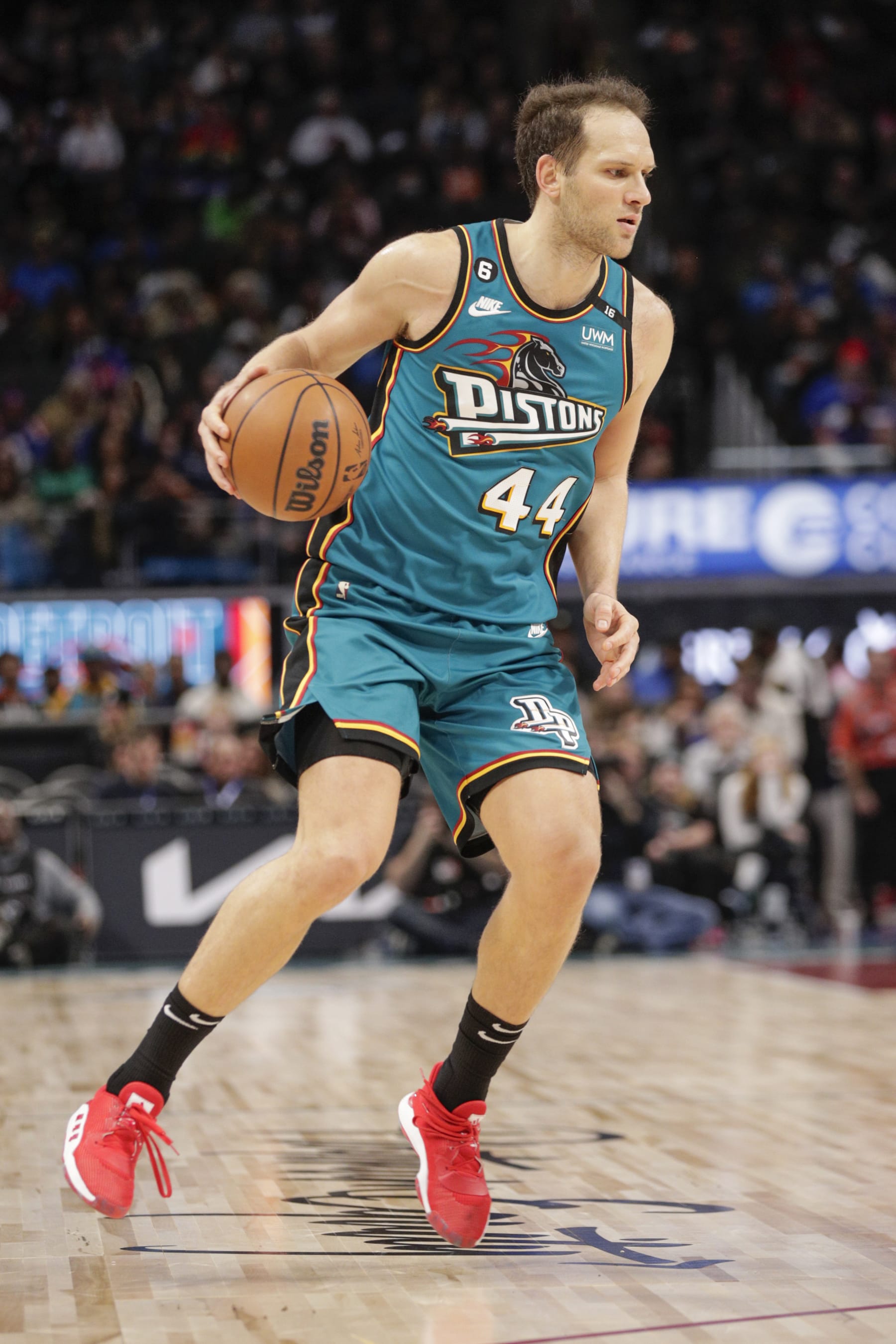 DETROIT, MI - DECEMBER 18:  Bojan Bogdanovic #44 of the Detroit Pistons handles the ball during the game against the Brooklyn Nets on December 18, 2022 at Little Caesars Arena in Detroit, Michigan. NOTE TO USER: User expressly acknowledges and agrees that, by downloading and/or using this photograph, User is consenting to the terms and conditions of the Getty Images License Agreement. Mandatory Copyright Notice: Copyright 2022 NBAE (Photo by Brian Sevald/NBAE via Getty Images)