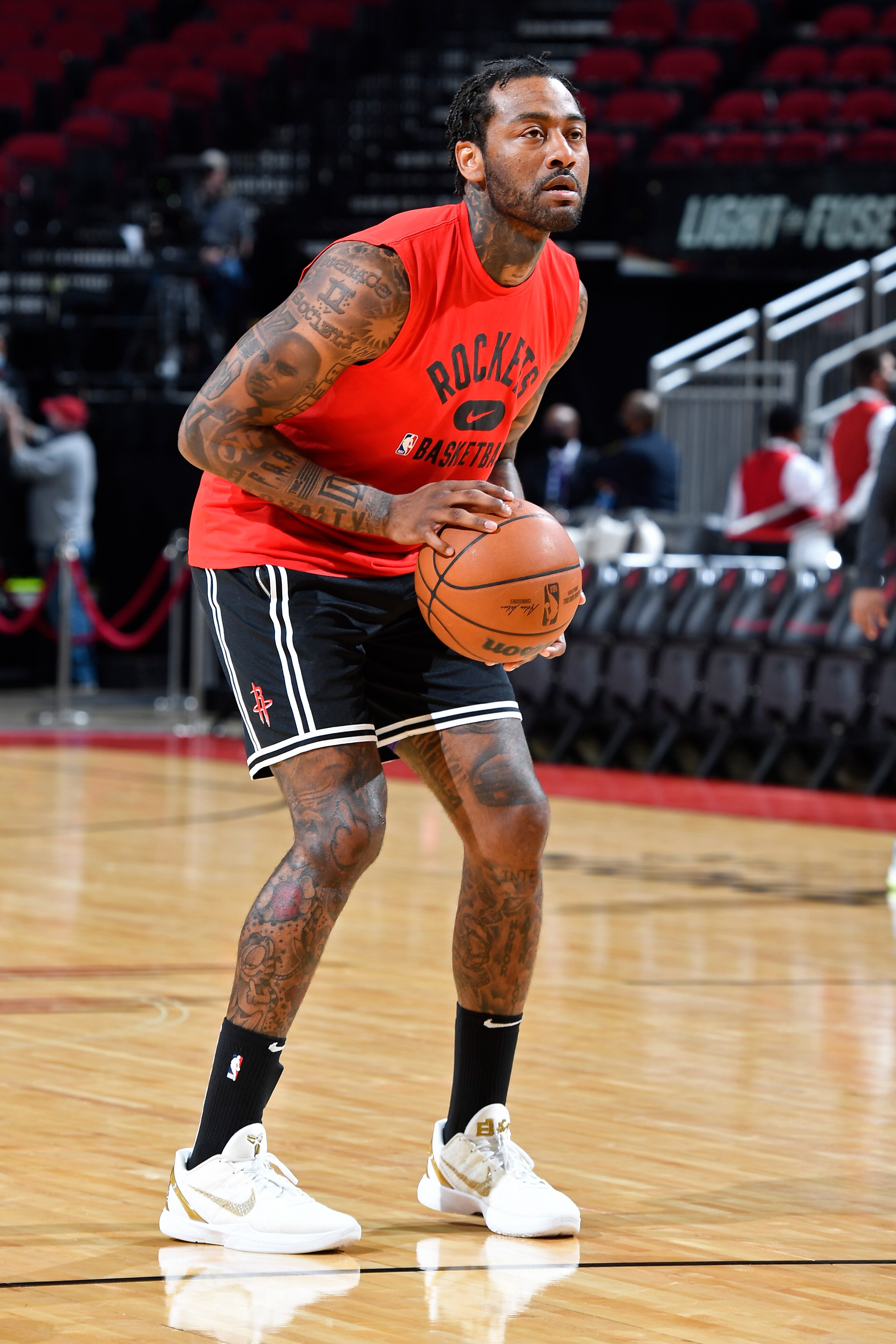 HOUSTON, TX - NOVEMBER 29: John Wall #1 of the Houston Rockets prepares to shoot the ball prior to the game against the Oklahoma City Thunder on November 29, 2021 at the Toyota Center in Houston, Texas. NOTE TO USER: User expressly acknowledges and agrees that, by downloading and or using this photograph, User is consenting to the terms and conditions of the Getty Images License Agreement. Mandatory Copyright Notice: Copyright 2021 NBAE (Photo by Logan Riely/NBAE via Getty Images)
