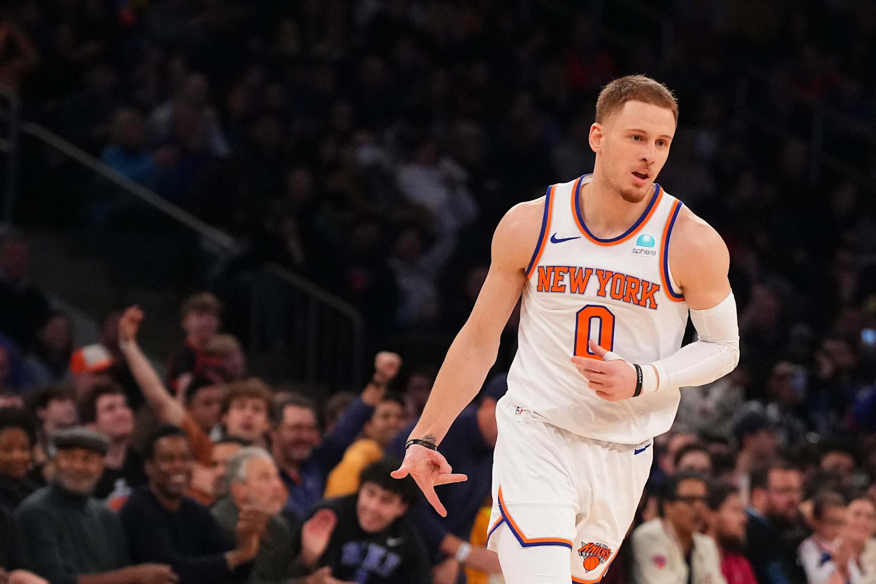 NEW YORK, NEW YORK - JANUARY 1: Donte DiVincenzo #0 of the New York Knicks reacts against the Minnesota Timberwolves at Madison Square Garden on January 1, 2024 in New York City. The Knicks defeated the Timberwolves 112-106. NOTE TO USER: User expressly acknowledges and agrees that, by downloading and or using this photograph, User is consenting to the terms and conditions of the Getty Images License Agreement. (Photo by Mitchell Leff/Getty Images)