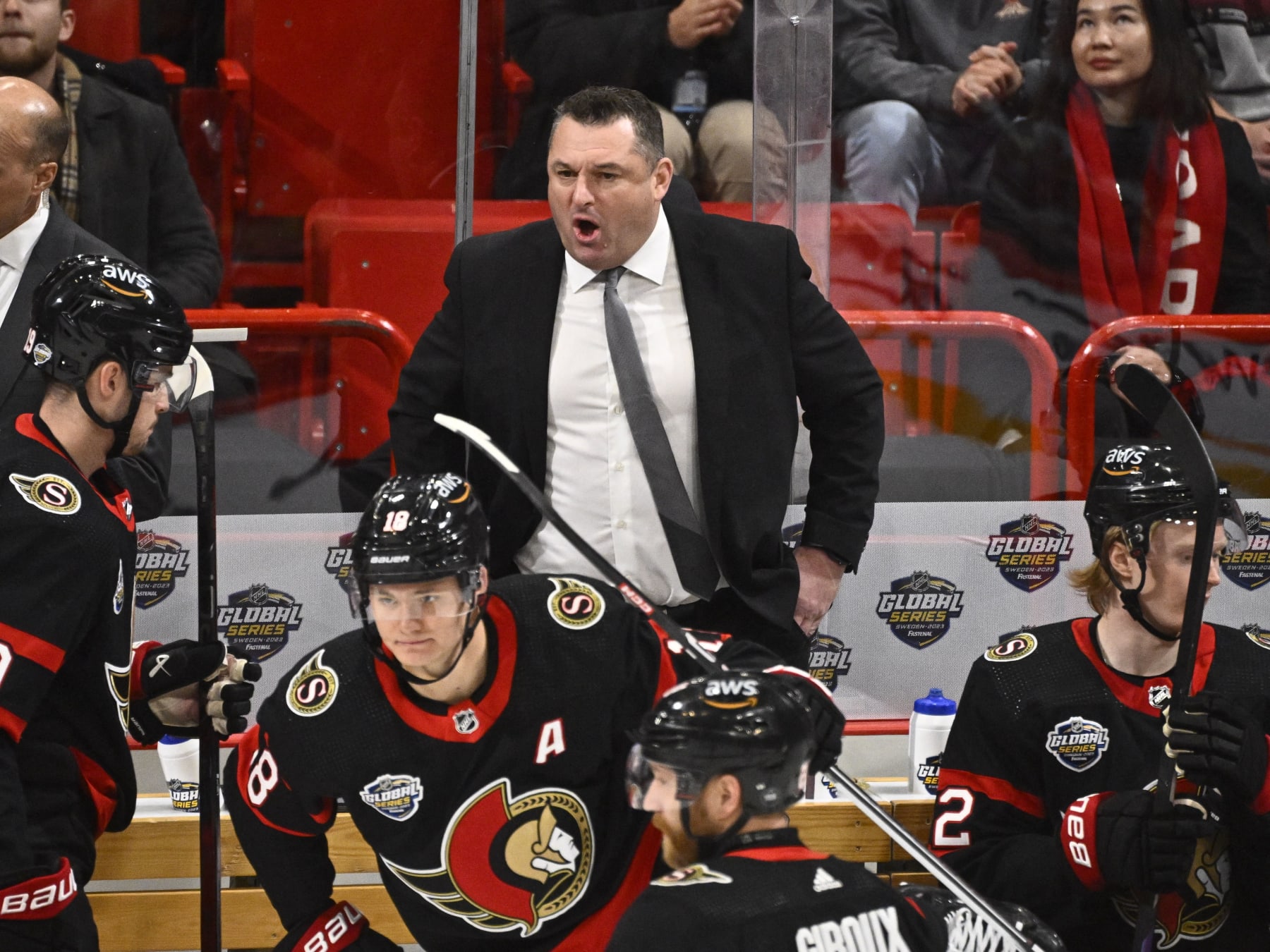 Ottawa's head coach D.J. Smith shouts instructions during the NHL Global Series Ice Hockey match Minnesota Wild and Ottawa Senators in Stockholm on November 18, 2023. (Photo by Claudio BRESCIANI / various sources / AFP) / Sweden OUT (Photo by CLAUDIO BRESCIANI/TT NEWS AGENCY/AFP via Getty Images)