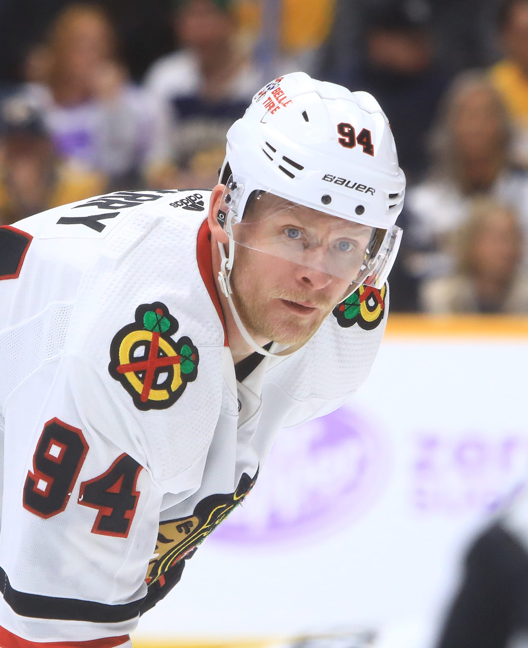 NASHVILLE, TN - NOVEMBER 18: Chicago Blackhawks right wing Corey Perry (94) is shown during the NHL game between the Nashville Predators and Chicago Blackhawks, held on November 18, 2023, at Bridgestone Arena in Nashville, Tennessee.  (Photo by Danny Murphy/Icon Sportswire via Getty Images)