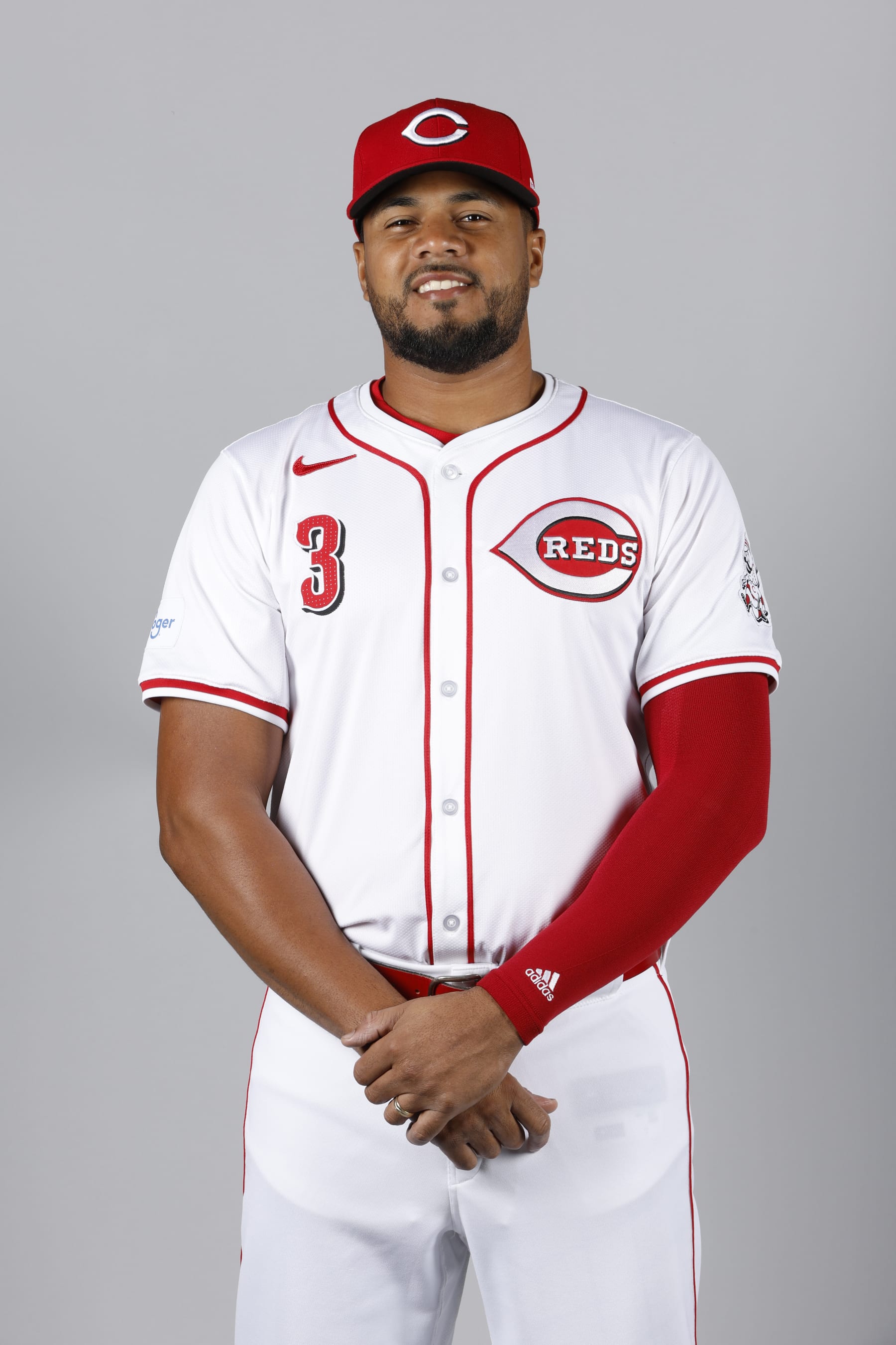 GOODYEAR, AZ - FEBRUARY 20: Jeimer Candelario #3 of the Cincinnati Reds poses for a photo during the Cincinnati Reds Photo Day at Goodyear Ballpark on Tuesday, February 20, 2024 in Goodyear, Arizona. (Photo by Chris Coduto/MLB Photos via Getty Images)