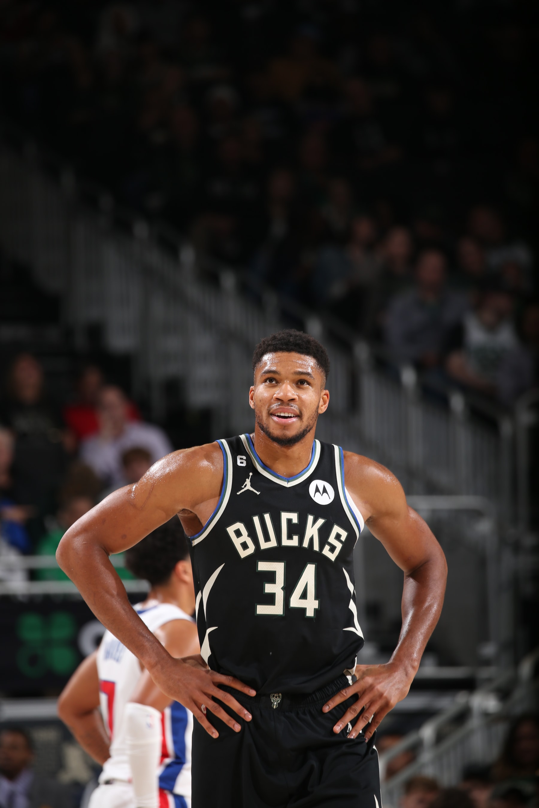 MILWAUKEE, WI - OCTOBER 31: Giannis Antetokounmpo #34 of the Milwaukee Bucks stands on the court during the game against the Detroit Pistons on October 31, 2022 at the Fiserv Forum Center in Milwaukee, Wisconsin. NOTE TO USER: User expressly acknowledges and agrees that, by downloading and or using this Photograph, user is consenting to the terms and conditions of the Getty Images License Agreement. Mandatory Copyright Notice: Copyright 2022 NBAE (Photo by Gary Dineen/NBAE via Getty Images).