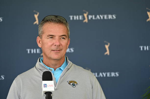 PONTE VEDRA BEACH, FL - MARCH 12: New Jacksonville Jaguars head coach Urban Meyer speaks to the media during the second round of THE PLAYERS Championship on THE PLAYERS Stadium Course at TPC Sawgrass on March 12, 2021, in Ponte Vedra Beach, FL. (Photo by Ben Jared/PGA TOUR via Getty Images)