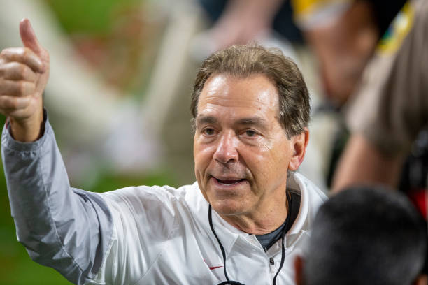 MIAMI GARDENS, FL - JANUARY 11: Alabama Crimson Tide head coach Nick Saban smiles and gives a thumbs up to the fans in the stands after the Alabama Crimson Tide defeated the Ohio State Buckeyes at the College Football Playoff National Championship football on January 11, 2021 at the Hard Rock Stadium in Miami Gardens, FL. (Photo by Doug Murray/Icon Sportswire via Getty Images)