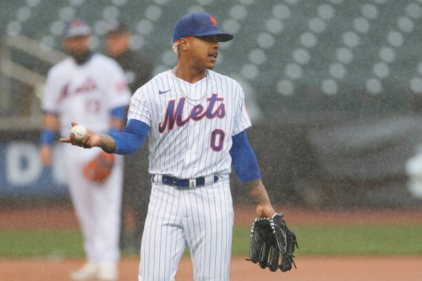 NEW YORK, NEW YORK - APRIL 11: Marcus Stroman #0 of the New York Mets reacts toward an umpire while pitching during the first inning against the Miami Marlins at Citi Field on April 11, 2021 in the Queens borough of New York City. (Photo by Sarah Stier/Getty Images)