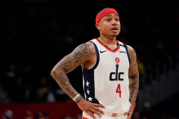 WASHINGTON, DC - FEBRUARY 03: Isaiah Thomas #4 of the Washington Wizards looks on against the Golden State Warriors in the first half at Capital One Arena on February 03, 2020 in Washington, DC. NOTE TO USER: User expressly acknowledges and agrees that, by downloading and or using this photograph, User is consenting to the terms and conditions of the Getty Images License Agreement. (Photo by Patrick McDermott/Getty Images)