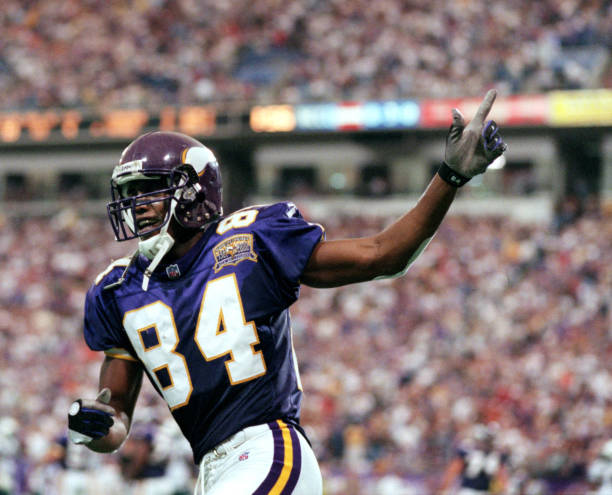 GENERAL INFORMATION: Vikingsvs. Miami Dolphins, Sunday, Sept. 10, 2000 IN THIS PHOTO: Vikingsvs. Miami Dolphins, Sunday, Sept. 10, 2000--Randy Moss reacts after scoring the Vikings only touchdown on Sunday against Miami.(Photo By JERRY HOLT/Star Tribune via Getty Images)