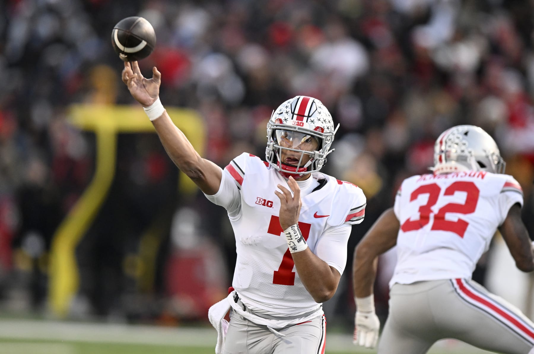 COLLEGE PARK, MARYLAND - NOVEMBER 19: C.J. Stroud #7 of the Ohio State Buckeyes throws a pass against the Maryland Terrapins at SECU Stadium on November 19, 2022 in College Park, Maryland. (Photo by G Fiume/Getty Images)