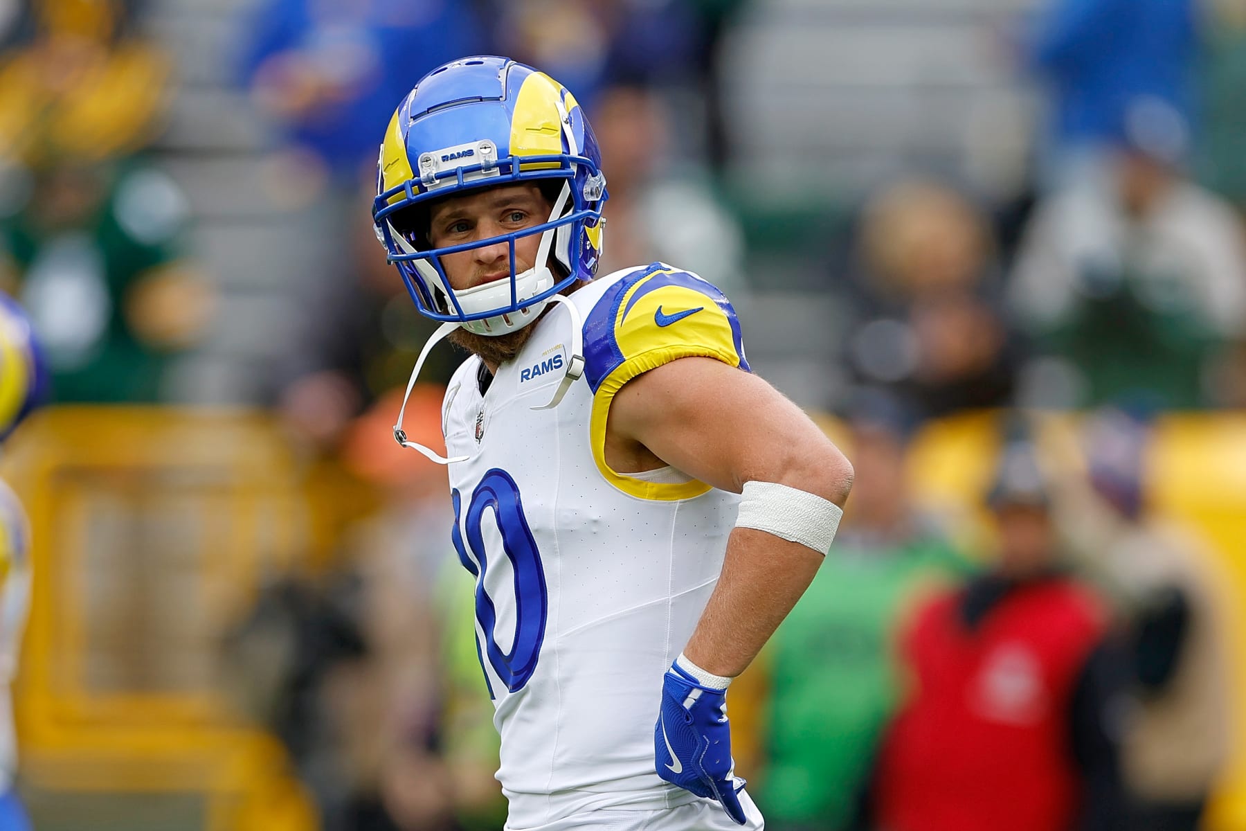 GREEN BAY, WISCONSIN - NOVEMBER 05: Cooper Kupp #10 of the Los Angeles Rams looks on just before the game against the Los Angeles Rams at Lambeau Field on November 05, 2023 in Green Bay, Wisconsin. (Photo by John Fisher/Getty Images)