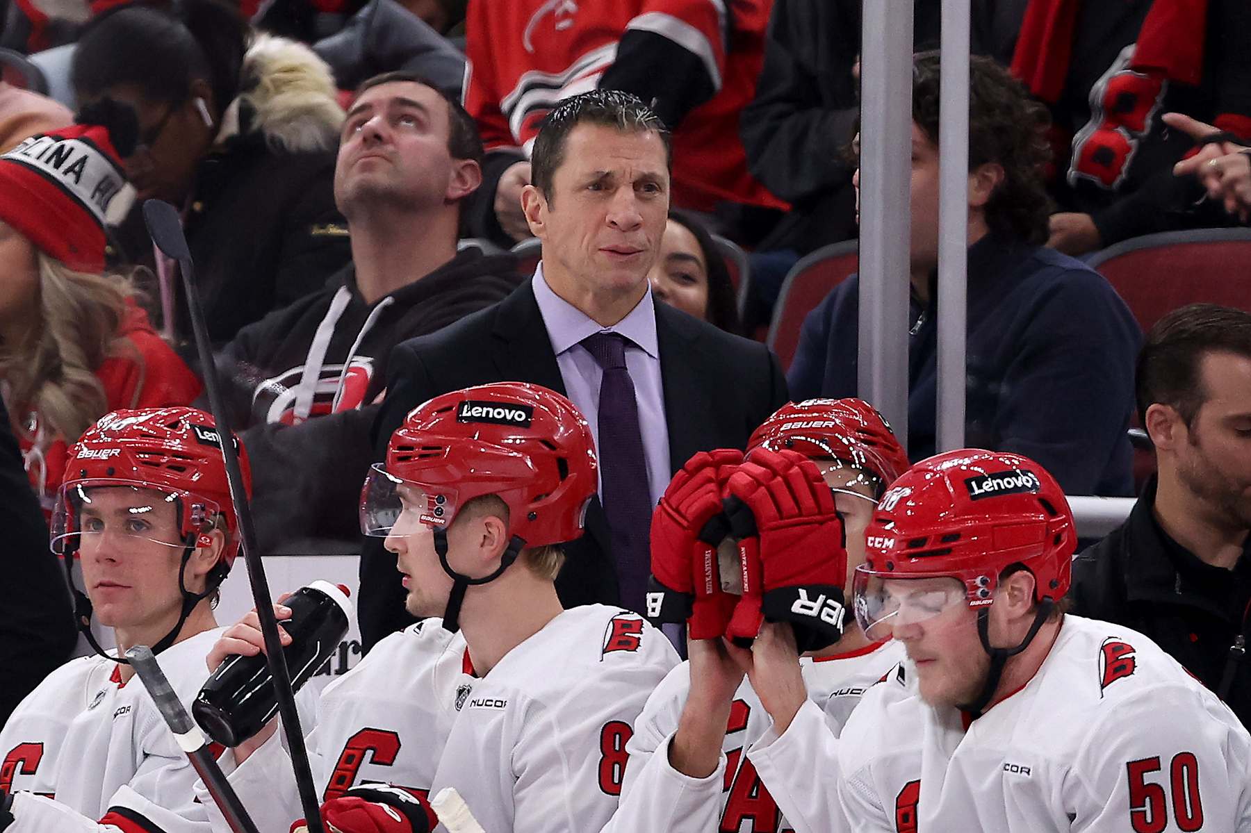 CHICAGO, ILLINOIS - JANUARY 20: Head coach Rod Brind'Amour of the Carolina Hurricanes looks on against the Chicago Blackhawks during the first period at the United Center on January 20, 2025 in Chicago, Illinois. (Photo by Luke Hales/Getty Images)
