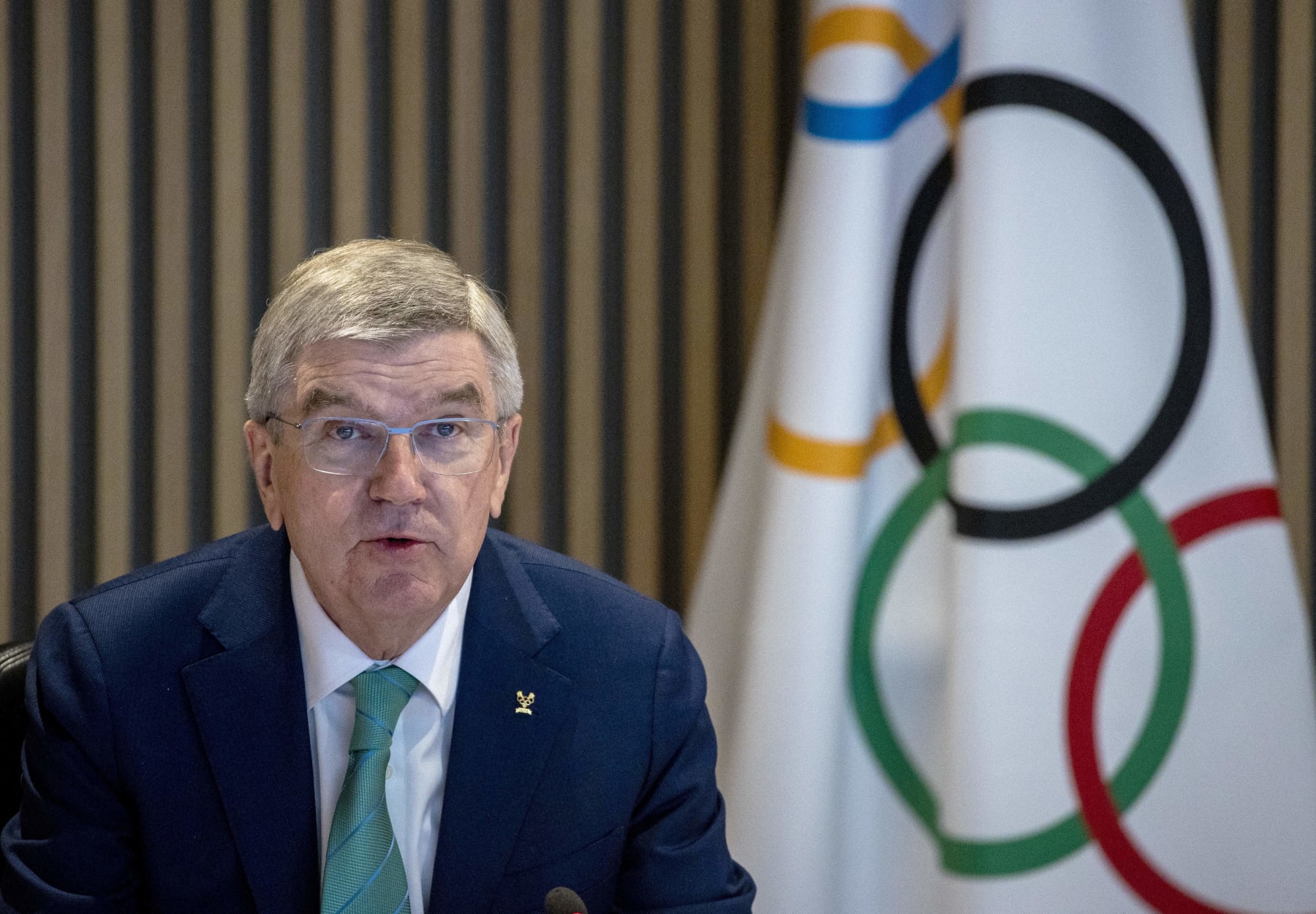 International Olympic Committee (IOC) President Thomas Bach speaks at the start of the IOC Executive Board meeting at the Olympic House in Lausanne, Switzerland on December 5, 2022. (Photo by DENIS BALIBOUSE / POOL / AFP) (Photo by DENIS BALIBOUSE/POOL/AFP via Getty Images)