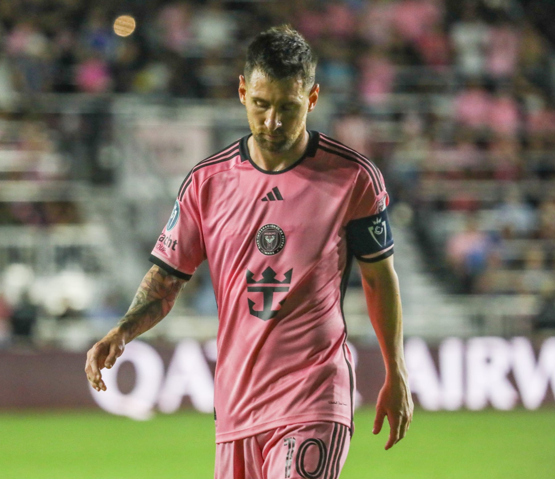 FORT LAUDERDALE, FLORIDA - MARCH 13: Lionel Messi #10 of Inter Miami CF reacts against the Nashville SC during the first half in the Concacaf Champions Cup Round of 16 match at Chase Stadium on March 13, 2024 in Fort Lauderdale, Florida.(Photo by Thaddaeus McAdams/Getty Images)