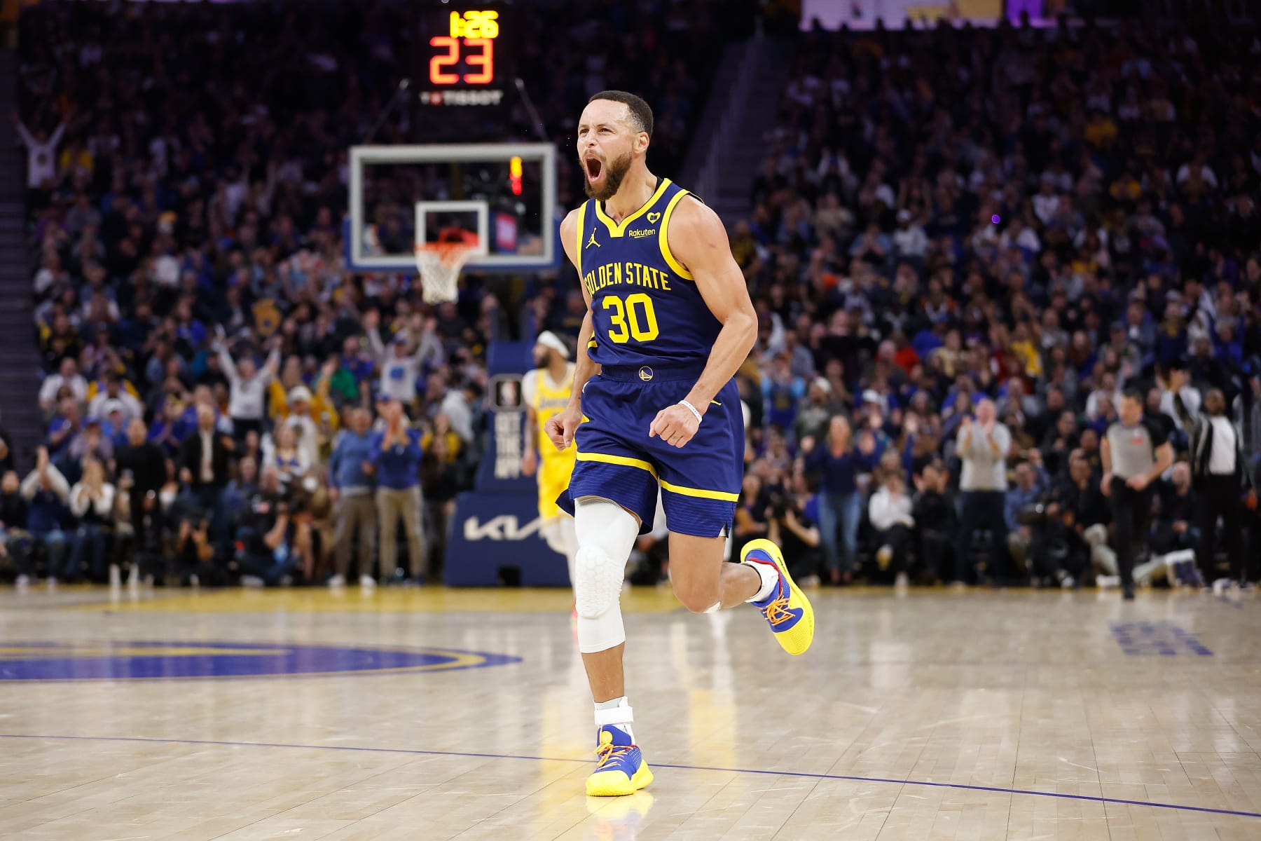 SAN FRANCISCO, CALIFORNIA - FEBRUARY 22: Stephen Curry #30 of the Golden State Warriors reacts after making a three-point shot in the first half against the Los Angeles Lakers at Chase Center on February 22, 2024 in San Francisco, California. NOTE TO USER: User expressly acknowledges and agrees that, by downloading and or using this photograph, User is consenting to the terms and conditions of the Getty Images License Agreement. (Photo by Lachlan Cunningham/Getty Images)