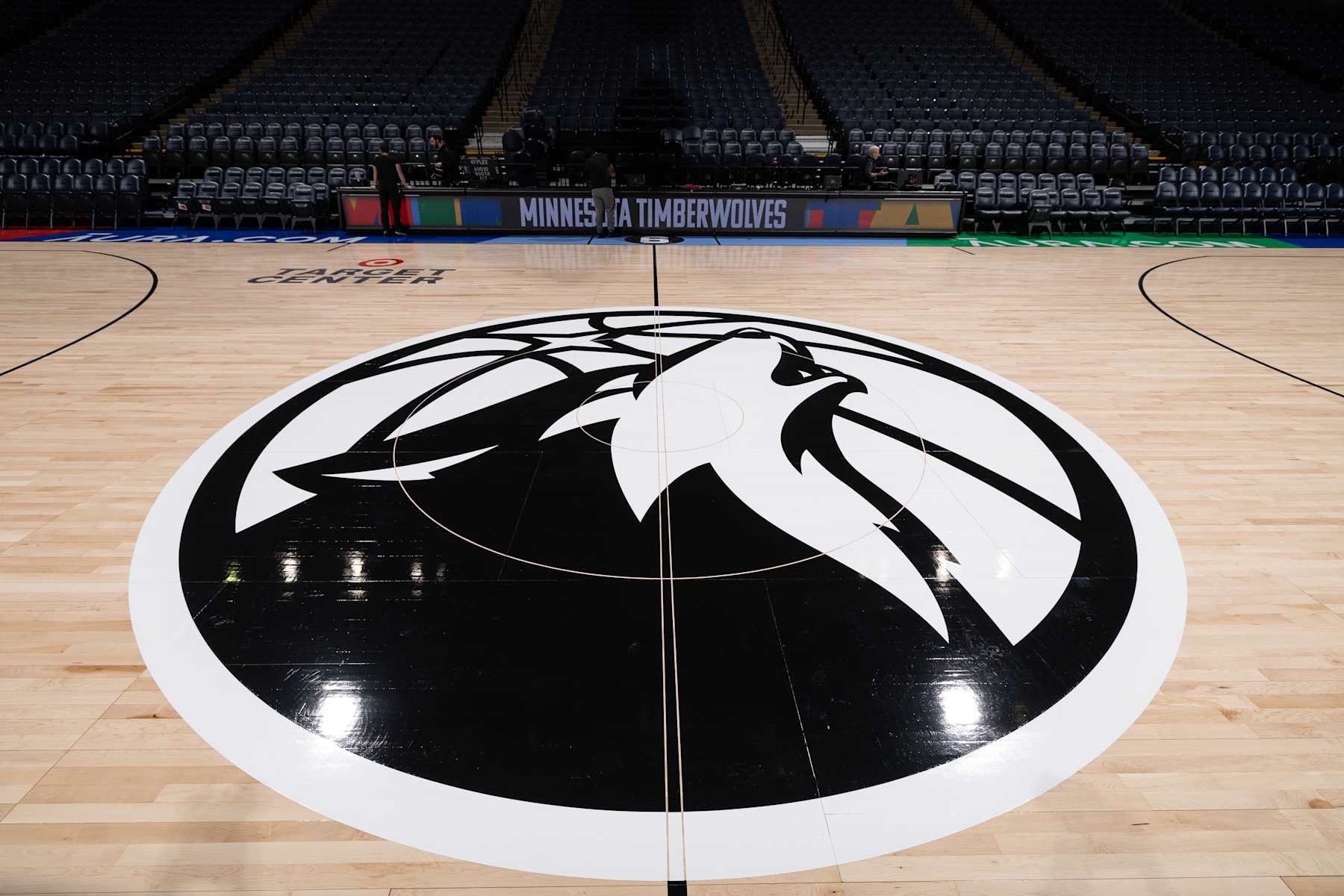 MINNEAPOLIS, MN -  DECEMBER 18: Generic photograph of Minnesota Timberwolves center court logo on December 18, 2022 at Target Center in Minneapolis, Minnesota. NOTE TO USER: User expressly acknowledges and agrees that, by downloading and or using this Photograph, user is consenting to the terms and conditions of the Getty Images License Agreement. Mandatory Copyright Notice: Copyright 2022 NBAE (Photo by David Sherman/NBAE via Getty Images)