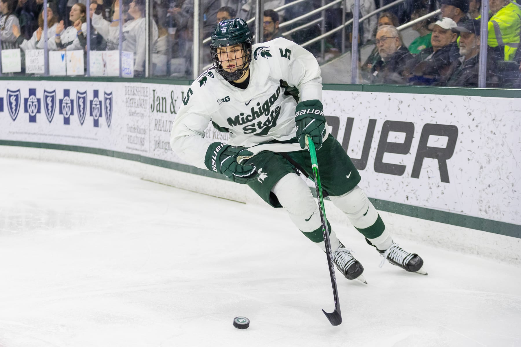 EAST LANSING, MI - JANUARY 26: Artyom Levshunov #5 of Michigan State skates with the puck during a game between University of Minnesota and Michigan State University at Munn Ice Arena on January 26, 2024 in East Lansing, Michigan. (Photo by Michael Miller/ISI Photos/Getty Images)