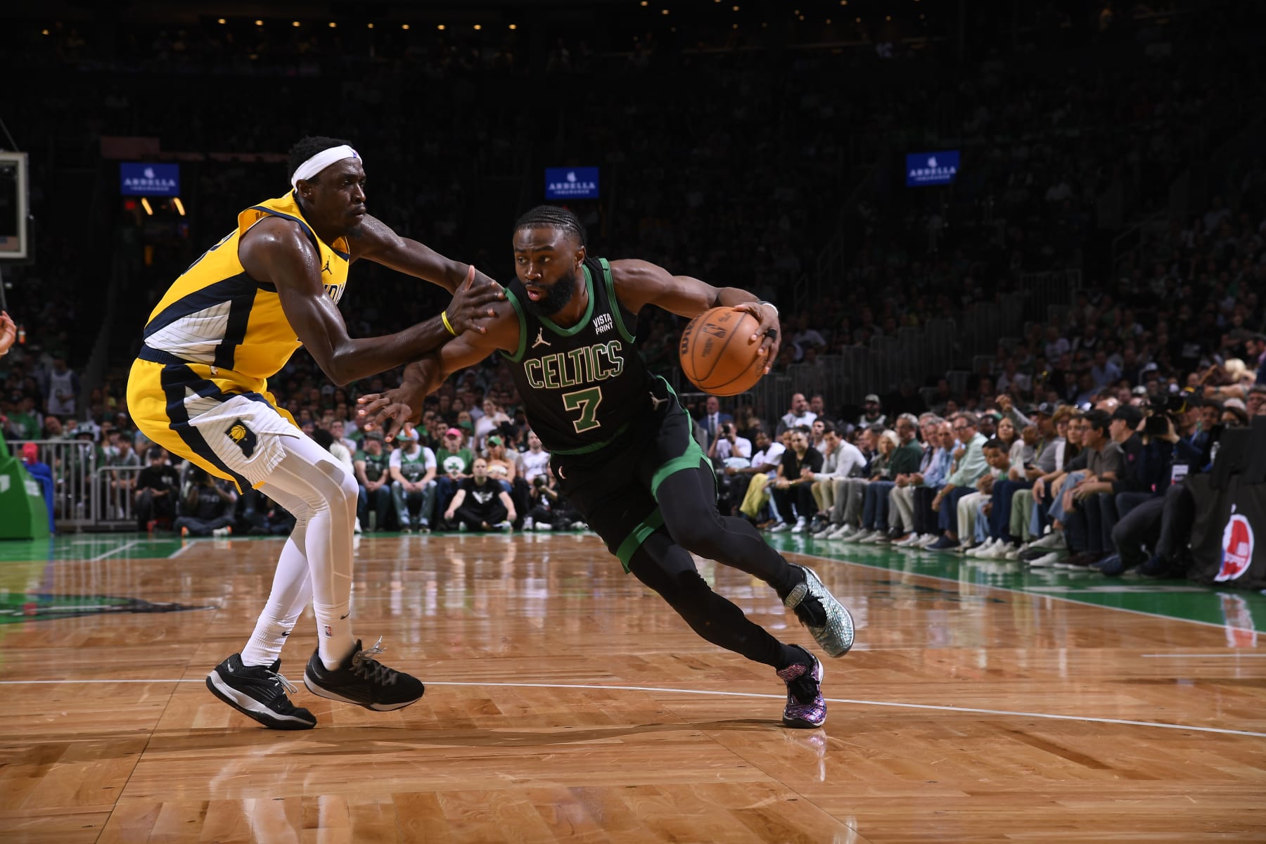 BOSTON, MA - MAY 23: Jaylen Brown #7 of the Boston Celtics handles the ball during the game against the Indiana Pacers during Game 2 of the Eastern Conference Finals of the 2024 NBA Playoffs on May 23, 2024 at the TD Garden in Boston, Massachusetts. NOTE TO USER: User expressly acknowledges and agrees that, by downloading and or using this photograph, User is consenting to the terms and conditions of the Getty Images License Agreement. Mandatory Copyright Notice: Copyright 2024 NBAE  (Photo by Brian Babineau/NBAE via Getty Images)