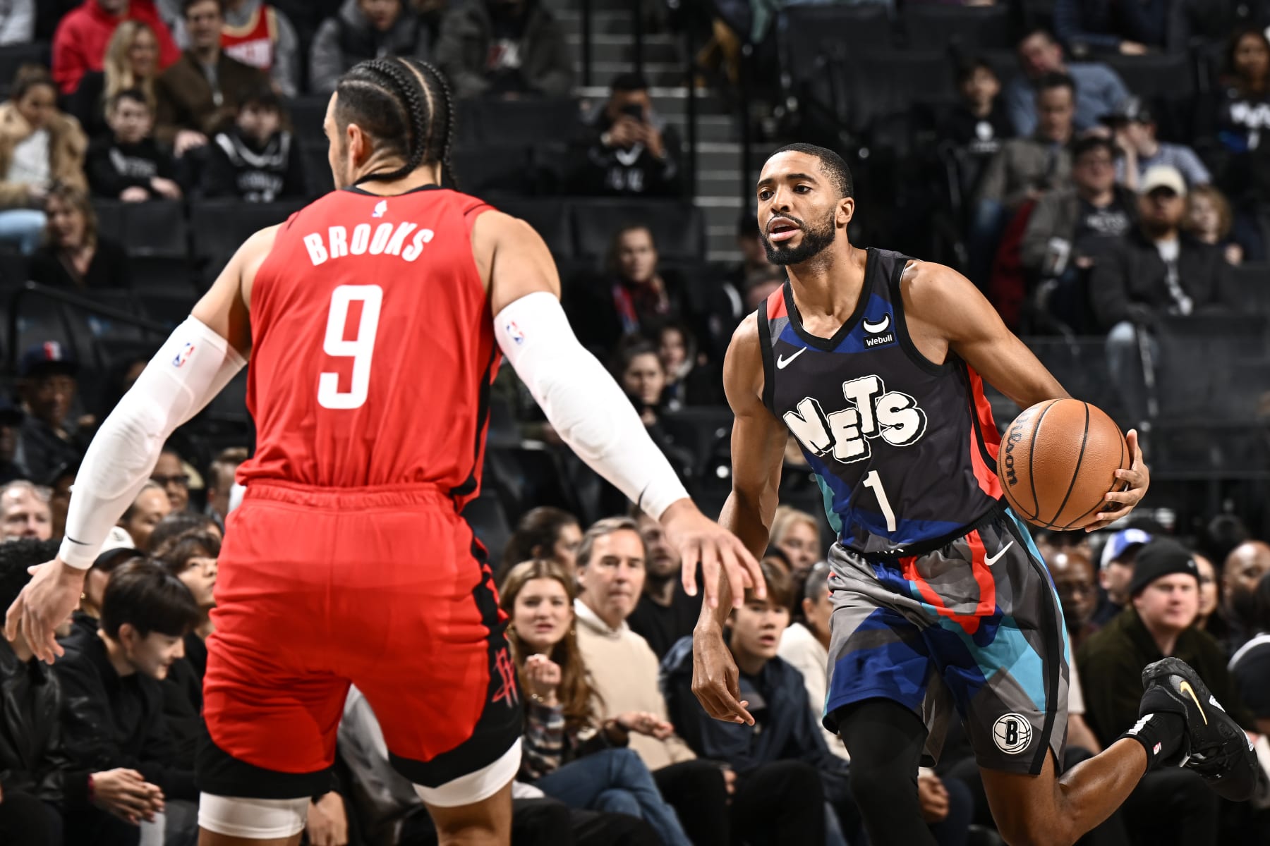 BROOKLYN, NY - JANUARY 27: Mikal Bridges #1 of the Brooklyn Nets handles the ball during the game against the Houston Rockets on January 27, 2024 at Barclays Center in Brooklyn, New York. NOTE TO USER: User expressly acknowledges and agrees that, by downloading and or using this Photograph, user is consenting to the terms and conditions of the Getty Images License Agreement. Mandatory Copyright Notice: Copyright 2024 NBAE (Photo by David Dow/NBAE via Getty Images)