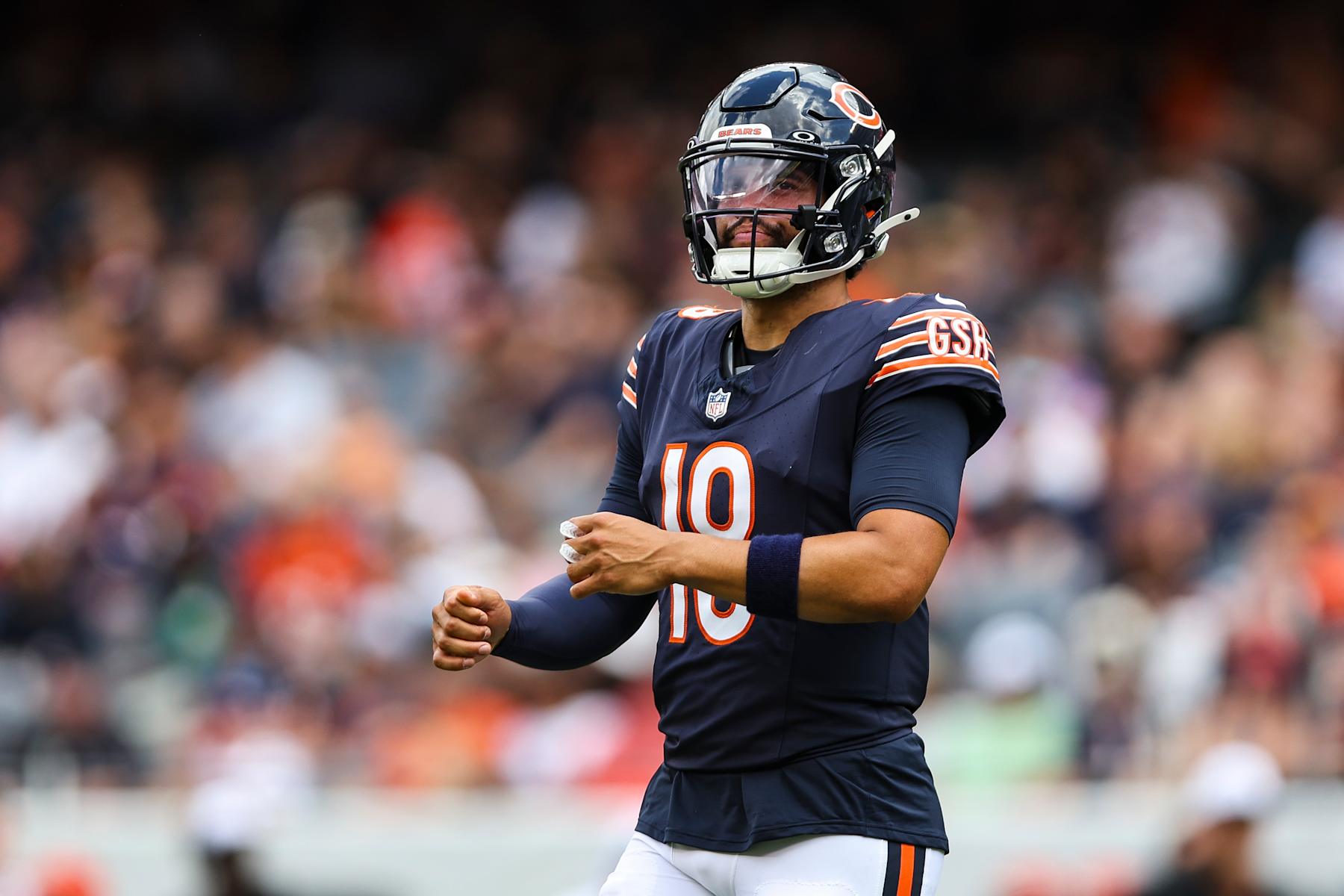 CHICAGO, IL - AUGUST 17: Caleb Williams #18 of the Chicago Bears looks on during an NFL football game against the Cincinnati Bengals at Solider Field on August 17, 2024 in Chicago, Illinois. (Photo by Perry Knotts/Getty Images)