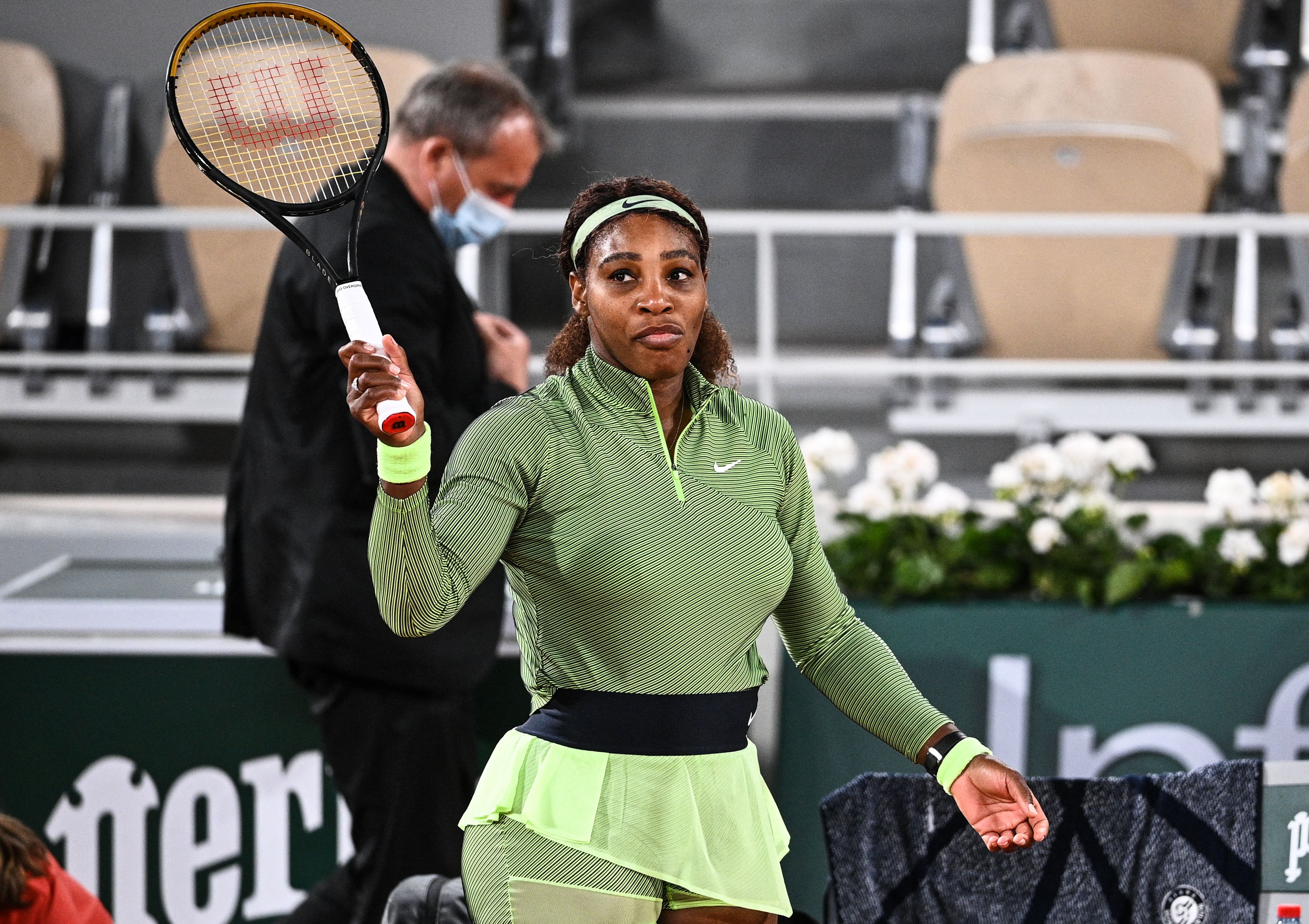 Serena Williams of the US reacts at the end of the women's singles first round tennis match against Romania's Irina Begu at the court Philippe Chatrier on Day 2 of The Roland Garros 2021 French Open tennis tournament in Paris on May 31, 2021. (Photo by Anne-Christine POUJOULAT / AFP) (Photo by ANNE-CHRISTINE POUJOULAT/AFP via Getty Images)