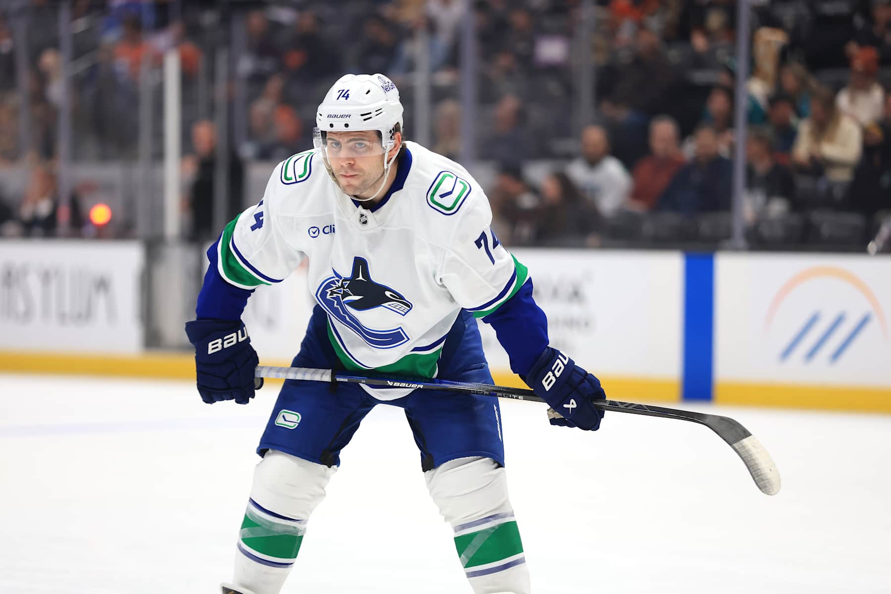 ANAHEIM, CALIFORNIA - NOVEMBER 05: Jake DeBrusk #74 of the Vancouver Canucks looks on during the first period of a game against the Anaheim Ducks at Honda Center on November 05, 2024 in Anaheim, California. (Photo by Sean M. Haffey/Getty Images)