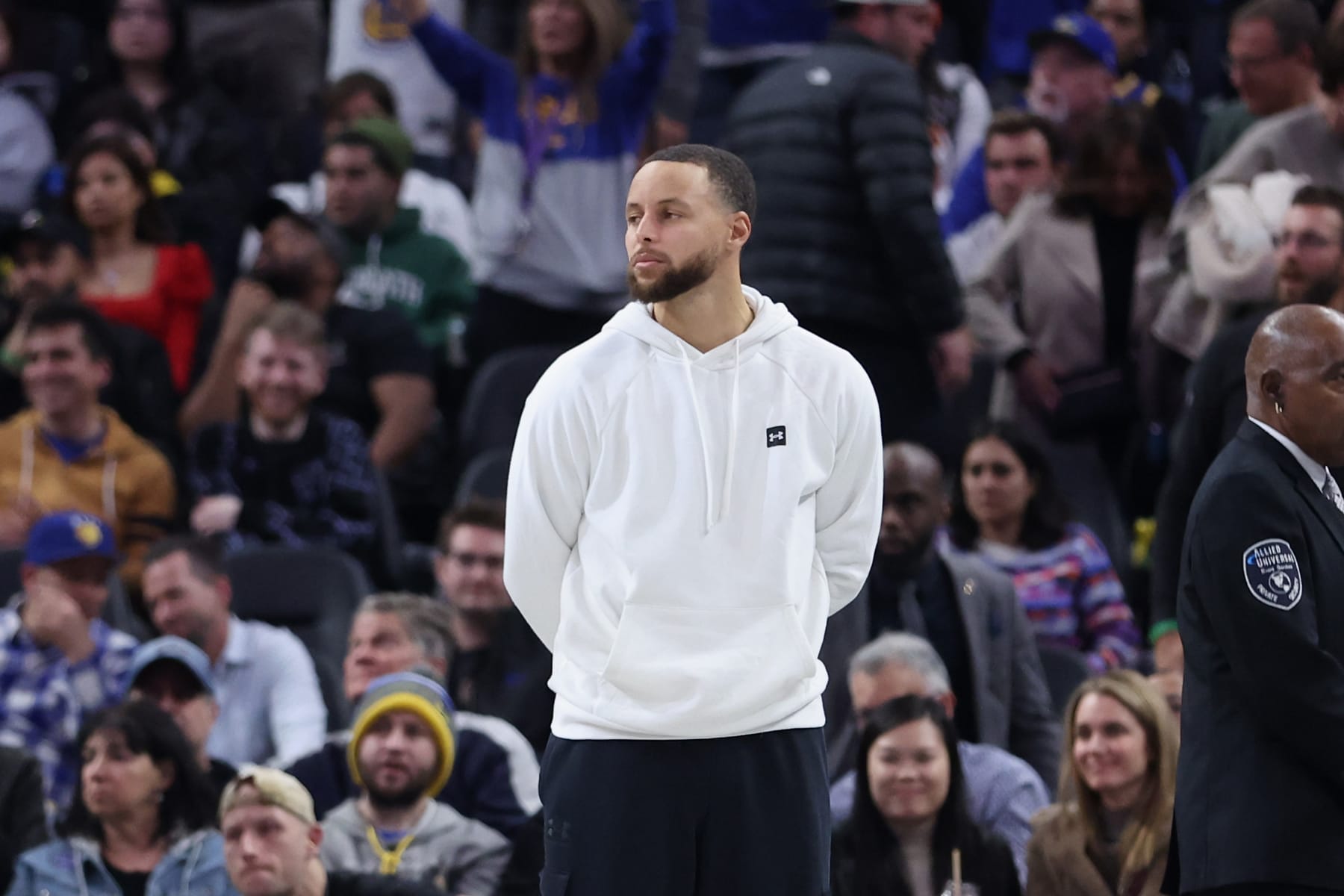 SAN FRANCISCO, CALIFORNIA - FEBRUARY 13: Stephen Curry #30 of the Golden State Warriors looks on during the game against the Washington Wizards at Chase Center on February 13, 2023 in San Francisco, California. NOTE TO USER: User expressly acknowledges and agrees that, by downloading and/or using this photograph, User is consenting to the terms and conditions of the Getty Images License Agreement. (Photo by Lachlan Cunningham/Getty Images)