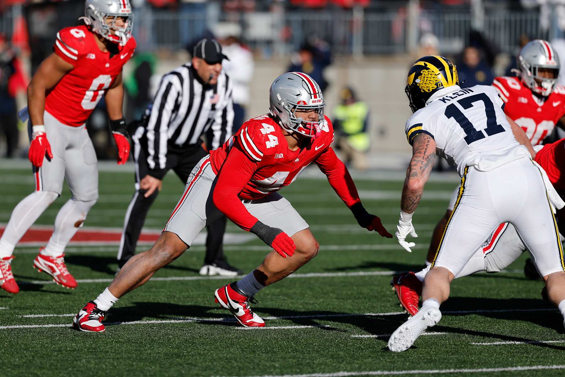 COLUMBUS, OH - NOVEMBER 30: Ohio State Buckeyes defensive end JT Tuimoloau (44) rushes on defense during a college football game against the Michigan Wolverines on November 30, 2024 at Ohio Stadium in Columbus, Ohio. (Photo by Joe Robbins/Icon Sportswire via Getty Images)