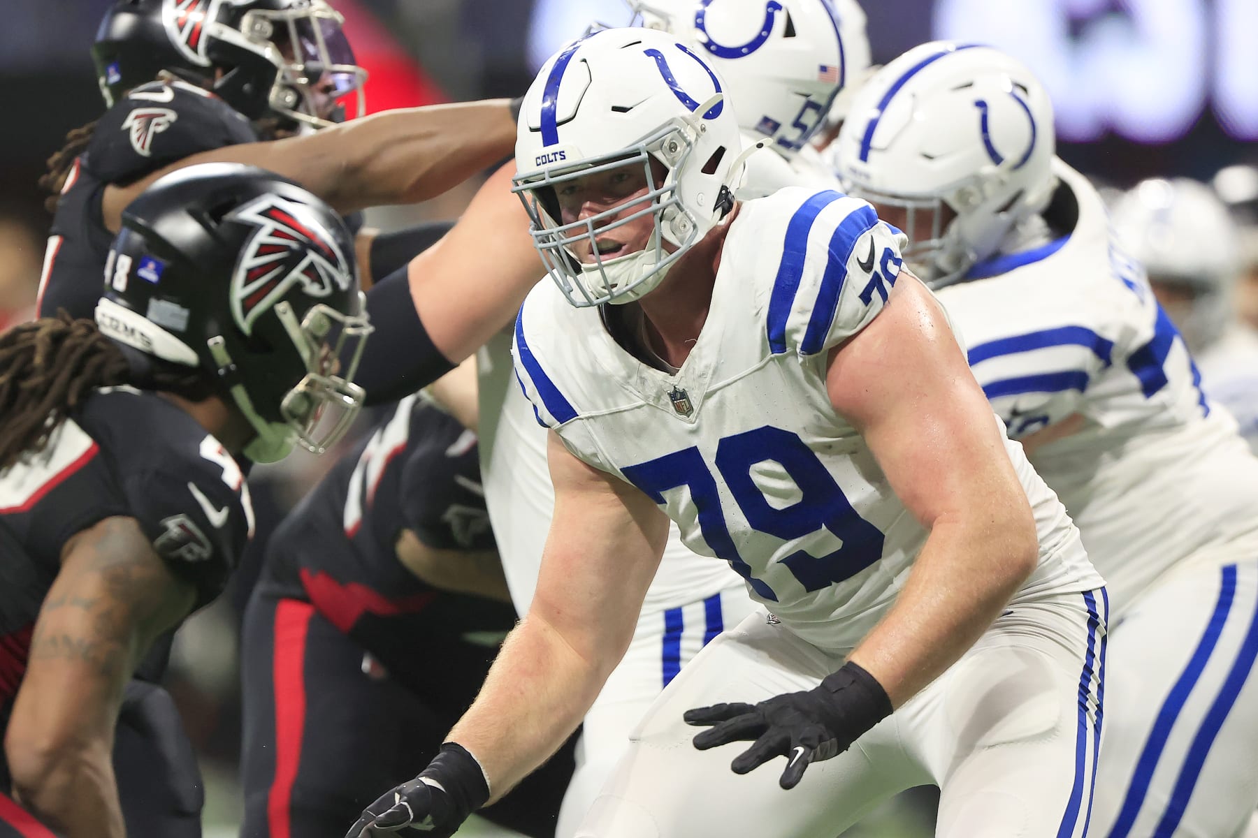 ATLANTA, GA - DECEMBER 24:  Indianapolis Colts offensive tackle Bernhard Raimann (79) in action during the Christmas Eve NFL football game between the Atlanta Falcons and the Indianapolis Colts on December 24, 2023 at the Mercedes-Benz Stadium in Atlanta, Georgia.  (Photo by David J. Griffin/Icon Sportswire via Getty Images)