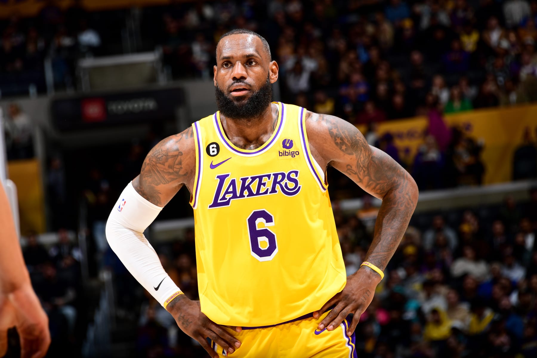 LOS ANGELES, CA - JANUARY 25: LeBron James #6 of the Los Angeles Lakers looks on during the game against the San Antonio Spurs on January 25, 2023 at Crypto.Com Arena in Los Angeles, California. NOTE TO USER: User expressly acknowledges and agrees that, by downloading and/or using this Photograph, user is consenting to the terms and conditions of the Getty Images License Agreement. Mandatory Copyright Notice: Copyright 2023 NBAE (Photo by Adam Pantozzi/NBAE via Getty Images)