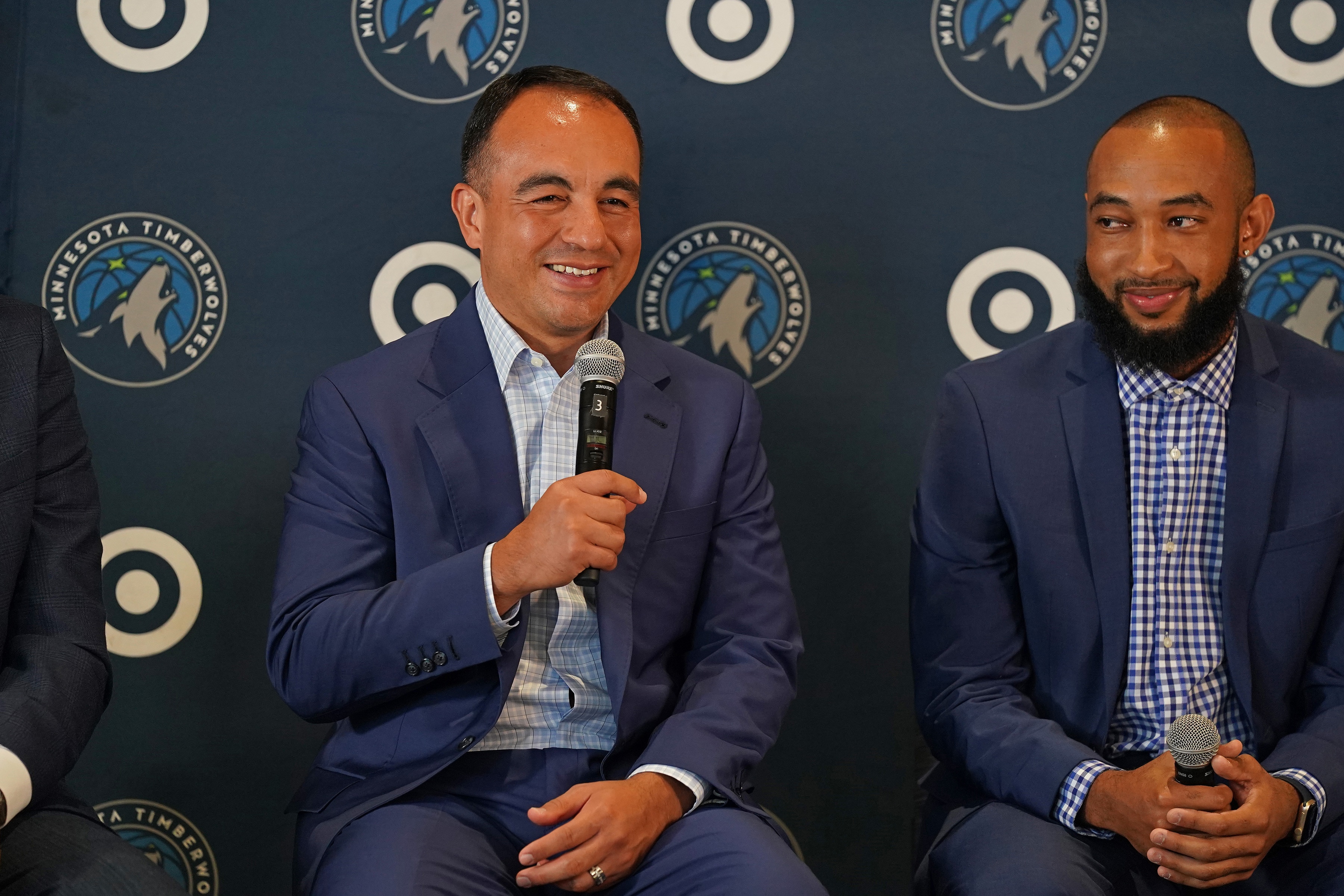MINNEAPOLIS, MN - SEPTEMBER 15: President of basketball operations of the Minnesota Timberwolves, Gersson Rosas talks to the media during an introductory press conference on September 15, 2021 at the Target Center in Minneapolis, Minnesota. NOTE TO USER: User expressly acknowledges and agrees that, by downloading and/or using this photograph, user is consenting to the terms and conditions of the Getty Images License Agreement. Mandatory Copyright Notice: Copyright 2021 NBAE (Photo by Jordan Johnson/NBAE via Getty Images)