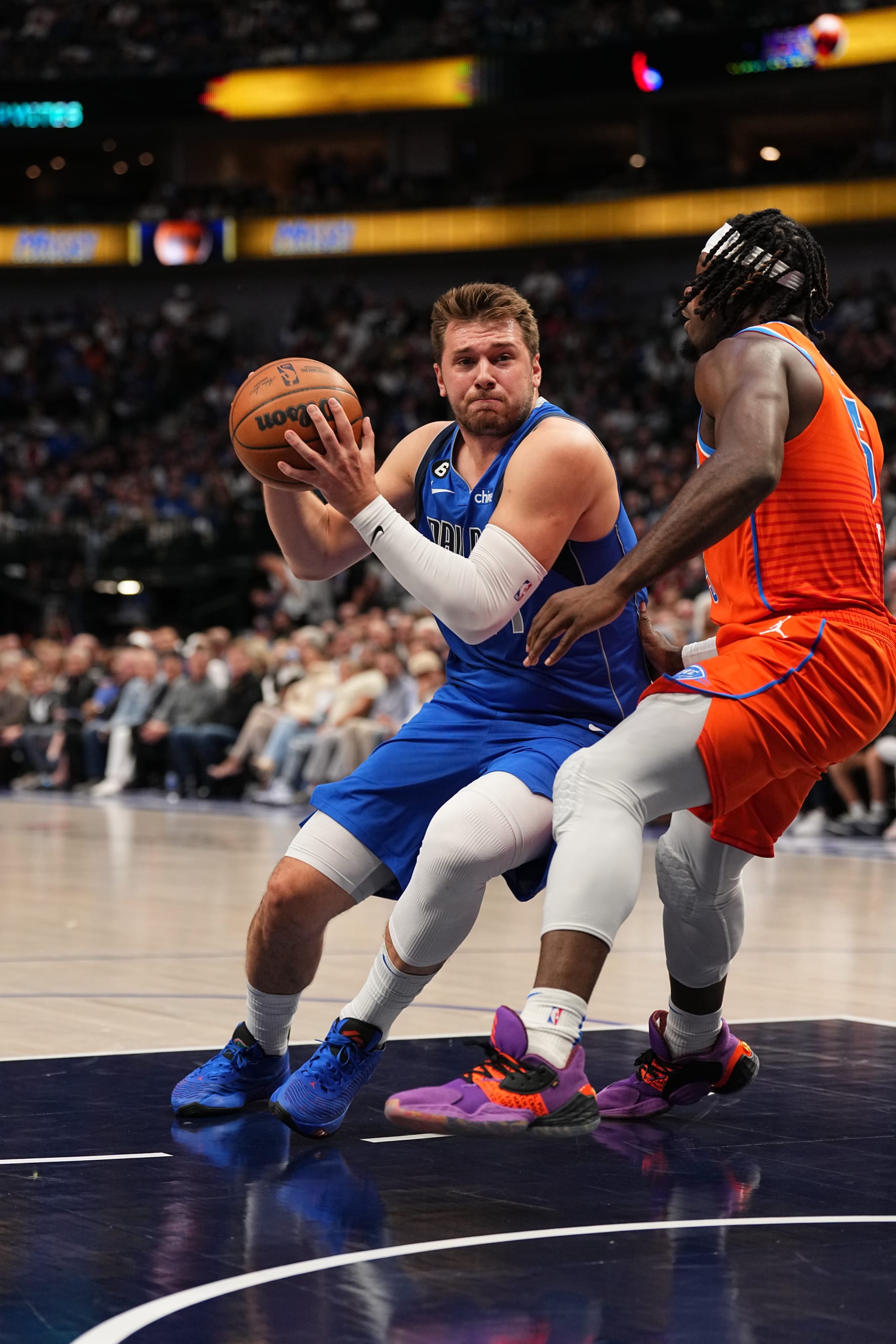 DALLAS, TX - OCTOBER 29: Luka Doncic #77 of the Dallas Mavericks dribbles the ball during the game against the Oklahoma City Thunder on October 29, 2022 at the American Airlines Center in Dallas, Texas. NOTE TO USER: User expressly acknowledges and agrees that, by downloading and or using this photograph, User is consenting to the terms and conditions of the Getty Images License Agreement. Mandatory Copyright Notice: Copyright 2022 NBAE (Photo by Glenn James/NBAE via Getty Images)