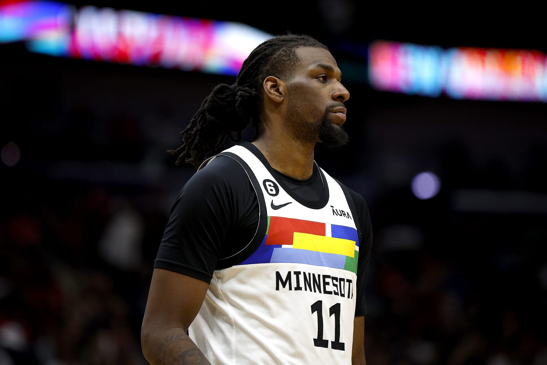 NEW ORLEANS, LOUISIANA - DECEMBER 28: Naz Reid #11 of the Minnesota Timberwolves stands on the court during the third quarter of an NBA game against the New Orleans Pelicans at Smoothie King Center on December 28, 2022 in New Orleans, Louisiana. NOTE TO USER: User expressly acknowledges and agrees that, by downloading and or using this photograph, User is consenting to the terms and conditions of the Getty Images License Agreement. (Photo by Sean Gardner/Getty Images)