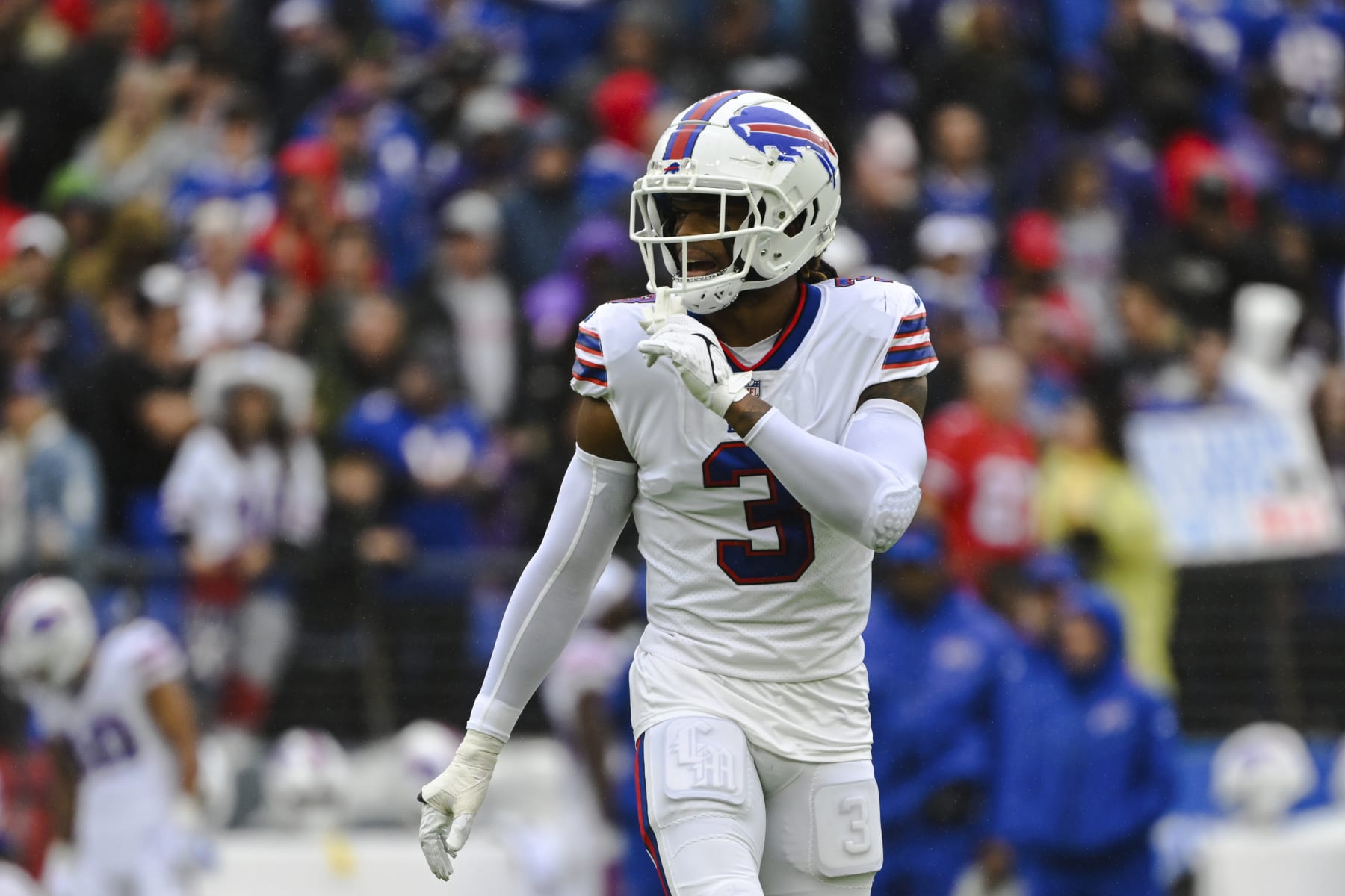 Buffalo Bills safety Damar Hamlin (3) looks on between plays during the first half of a NFL football game against the Baltimore Ravens, Sunday, Oct. 2, 2022, in Baltimore. (AP Photo/Terrance Williams)