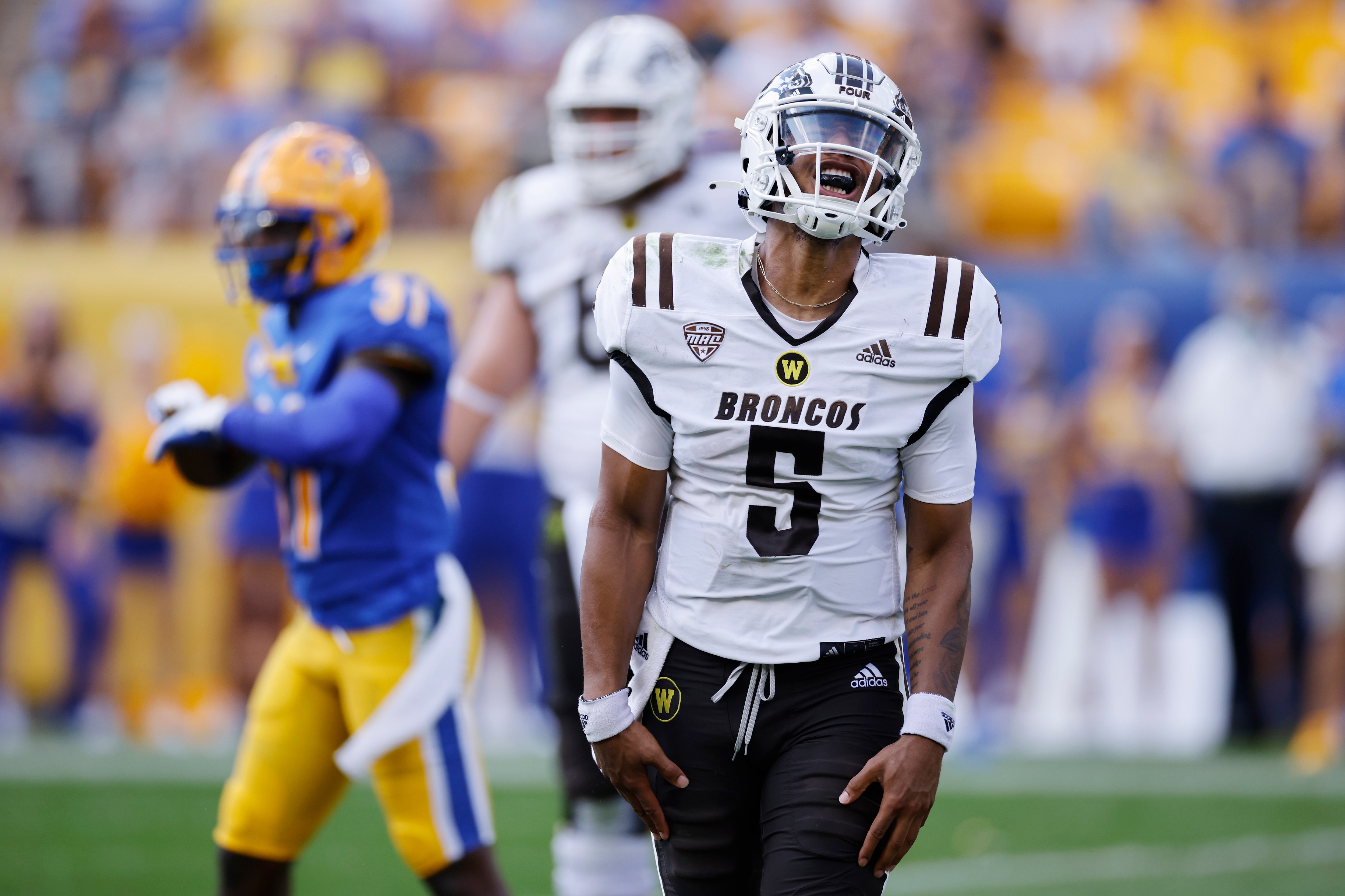 PITTSBURGH, PA - SEPTEMBER 18: Western Michigan Broncos quarterback Kaleb Eleby (5) reacts after throwing an incomplete pass in the end zone during a college football game against the Pittsburgh Panthers on Sept. 18, 2021 at Heinz Field in Pittsburgh, Pennsylvania. (Photo by Joe Robbins/Icon Sportswire via Getty Images)