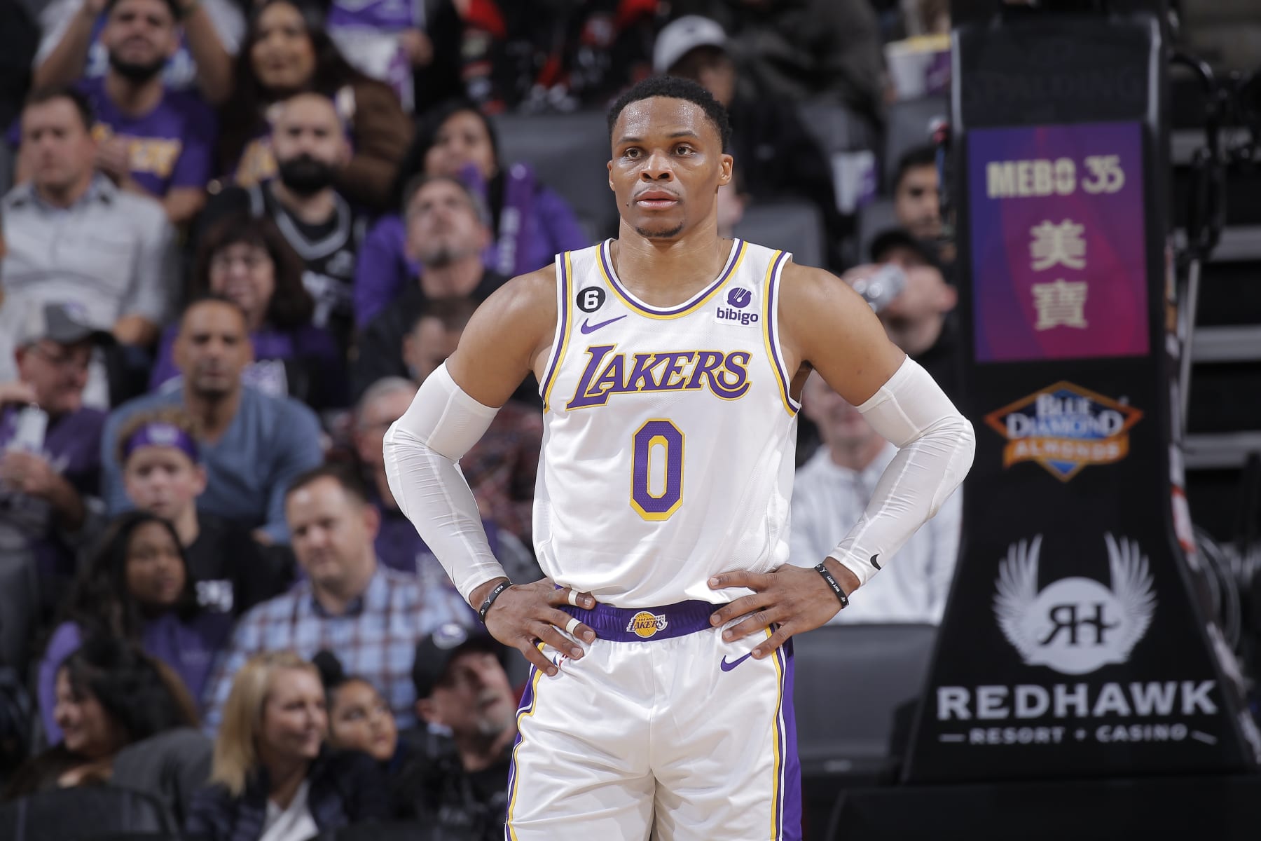 SACRAMENTO, CA - JANUARY 7: Russell Westbrook #0 of the Los Angeles Lakers looks on during the game against the Sacramento Kings on January 7, 2023 at Golden 1 Center in Sacramento, California. NOTE TO USER: User expressly acknowledges and agrees that, by downloading and or using this photograph, User is consenting to the terms and conditions of the Getty Images Agreement. Mandatory Copyright Notice: Copyright 2023 NBAE (Photo by Rocky Widner/NBAE via Getty Images)