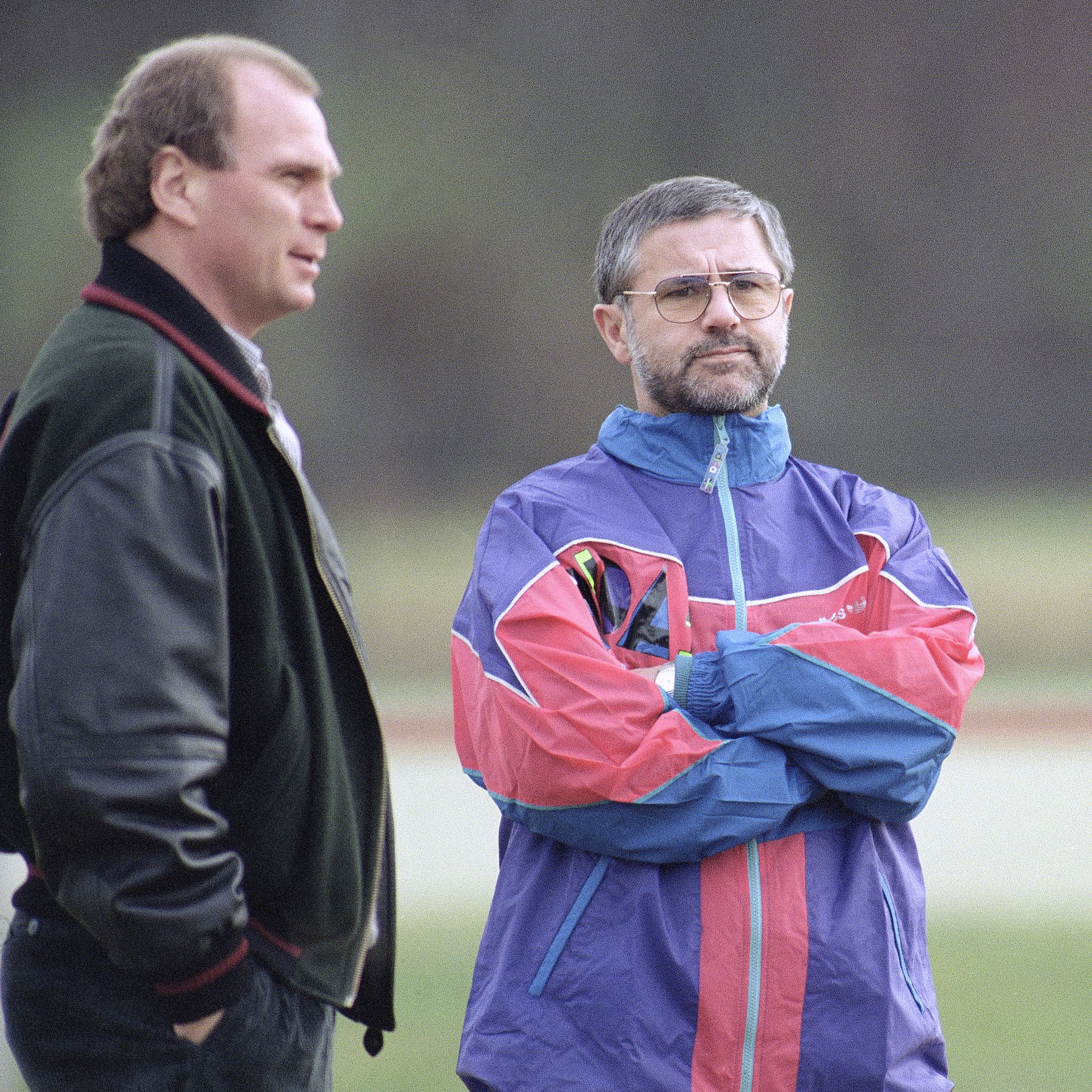 Former German soccer star, Gerd Mueller, right, working as a talent scout for his old team FC Bayern Munich talks to former football player and now general manager of the Bavarian club Uli Hoeness, on January 9, 1992 in Munich, Germany. (AP Photo/Arne Dedert)