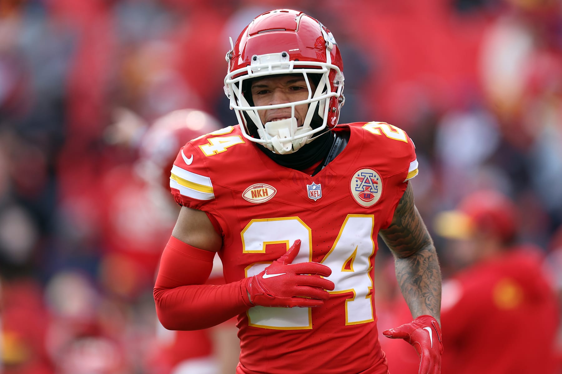 KANSAS CITY, MISSOURI - DECEMBER 10:  Wide receiver Skyy Moore #24 of the Kansas City Chiefs warms up prior to the game between the Buffalo Bills and the Kansas City Chiefs at GEHA Field at Arrowhead Stadium on December 10, 2023 in Kansas City, Missouri. (Photo by Jamie Squire/Getty Images)