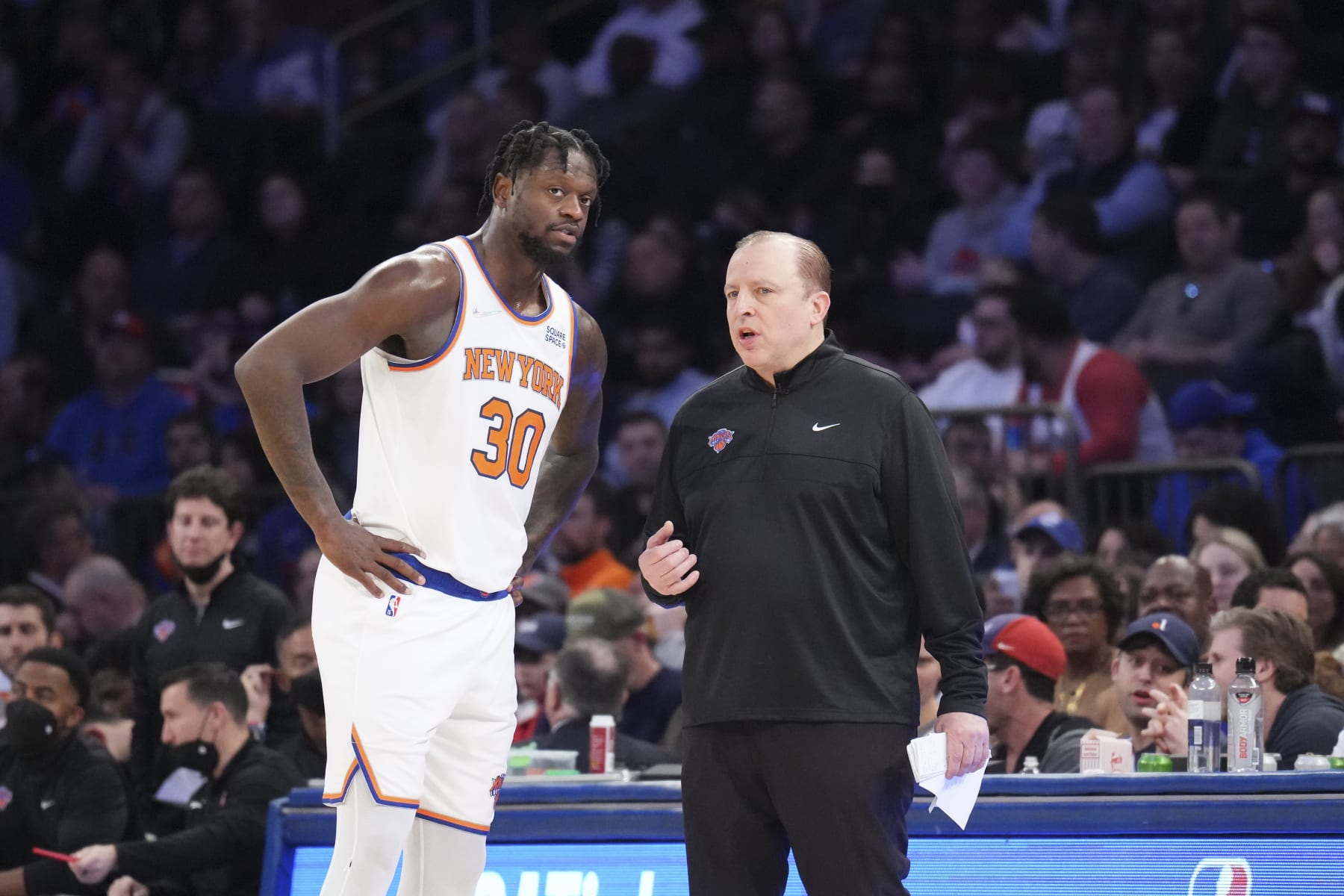 NEW YORK, NY - FEBRUARY 27: Julius Randle #30 of the New York Knicks talks to Head Coach Tom Thibodeau of the New York Knicks during the game against the Philadelphia 76ers on February 27, 2022 at Madison Square Garden in New York City, New York.  NOTE TO USER: User expressly acknowledges and agrees that, by downloading and or using this photograph, User is consenting to the terms and conditions of the Getty Images License Agreement. Mandatory Copyright Notice: Copyright 2022 NBAE  (Photo by Jesse D. Garrabrant/NBAE via Getty Images)