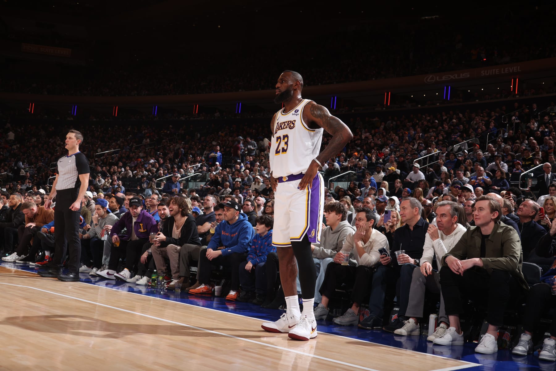 NEW YORK, NY - FEBRUARY 3: LeBron James #23 of the Los Angeles Lakers looks on during the game against the New York Knicks on February 3, 2024 at Madison Square Garden in New York City, New York.  NOTE TO USER: User expressly acknowledges and agrees that, by downloading and or using this photograph, User is consenting to the terms and conditions of the Getty Images License Agreement. Mandatory Copyright Notice: Copyright 2024 NBAE  (Photo by Nathaniel S. Butler/NBAE via Getty Images)