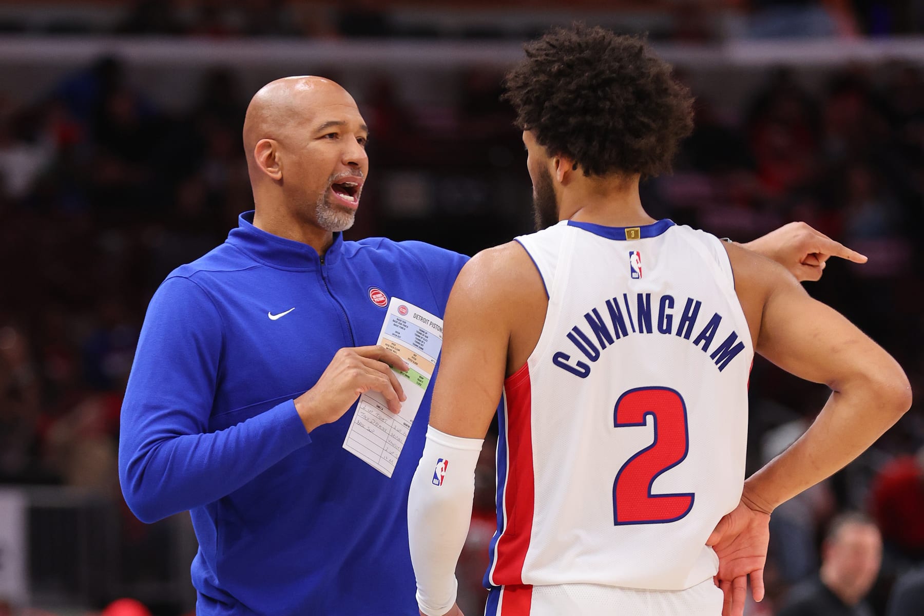 CHICAGO, ILLINOIS - FEBRUARY 27: Head coach Monty Williams of the Detroit Pistons talks with Cade Cunningham #2 against the Chicago Bulls during the second half at the United Center on February 27, 2024 in Chicago, Illinois. NOTE TO USER: User expressly acknowledges and agrees that, by downloading and or using this photograph, User is consenting to the terms and conditions of the Getty Images License Agreement. (Photo by Michael Reaves/Getty Images)