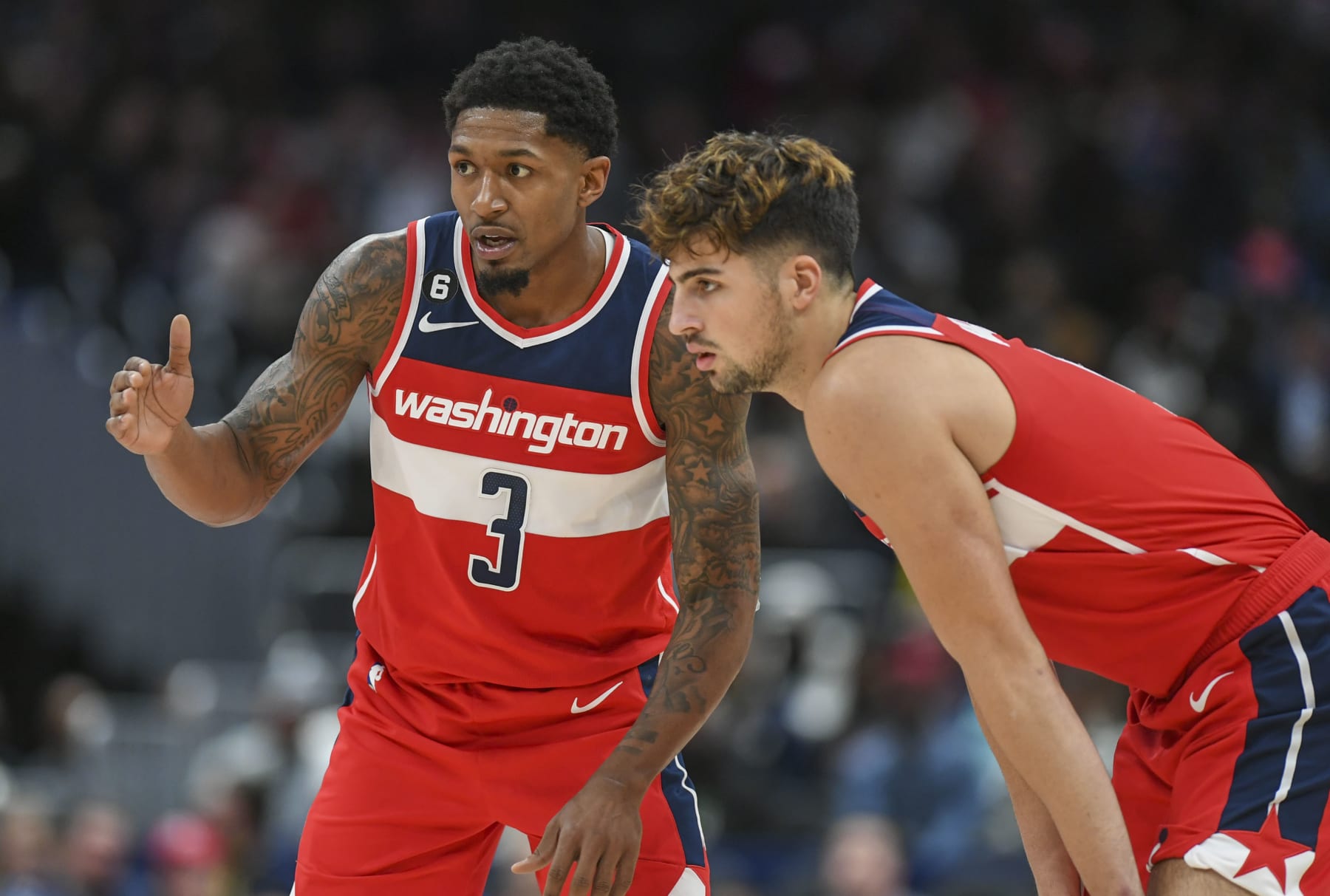 Washington, DCOctober 28: Washington Wizards guard Bradley Beal (3) talks with forward Deni Avdija (9) during action against the Indiana Pacers at Capital One Arena. (Photo by Jonathan Newton/The Washington Post via Getty Images)