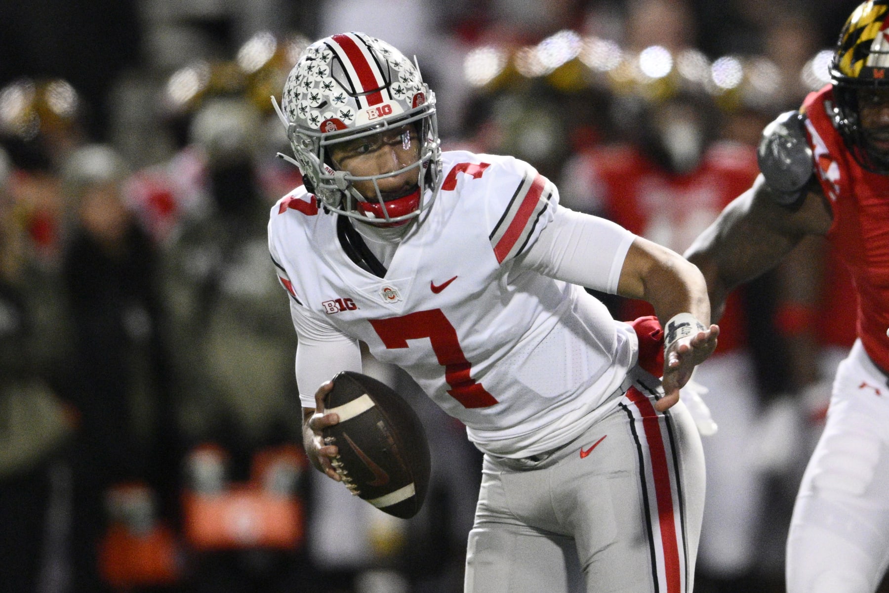 Ohio State quarterback C.J. Stroud (7) in action during the second half of an NCAA college football game against Maryland, Saturday, Nov. 19, 2022, in College Park, Md. Ohio State won 43-30. (AP Photo/Nick Wass)