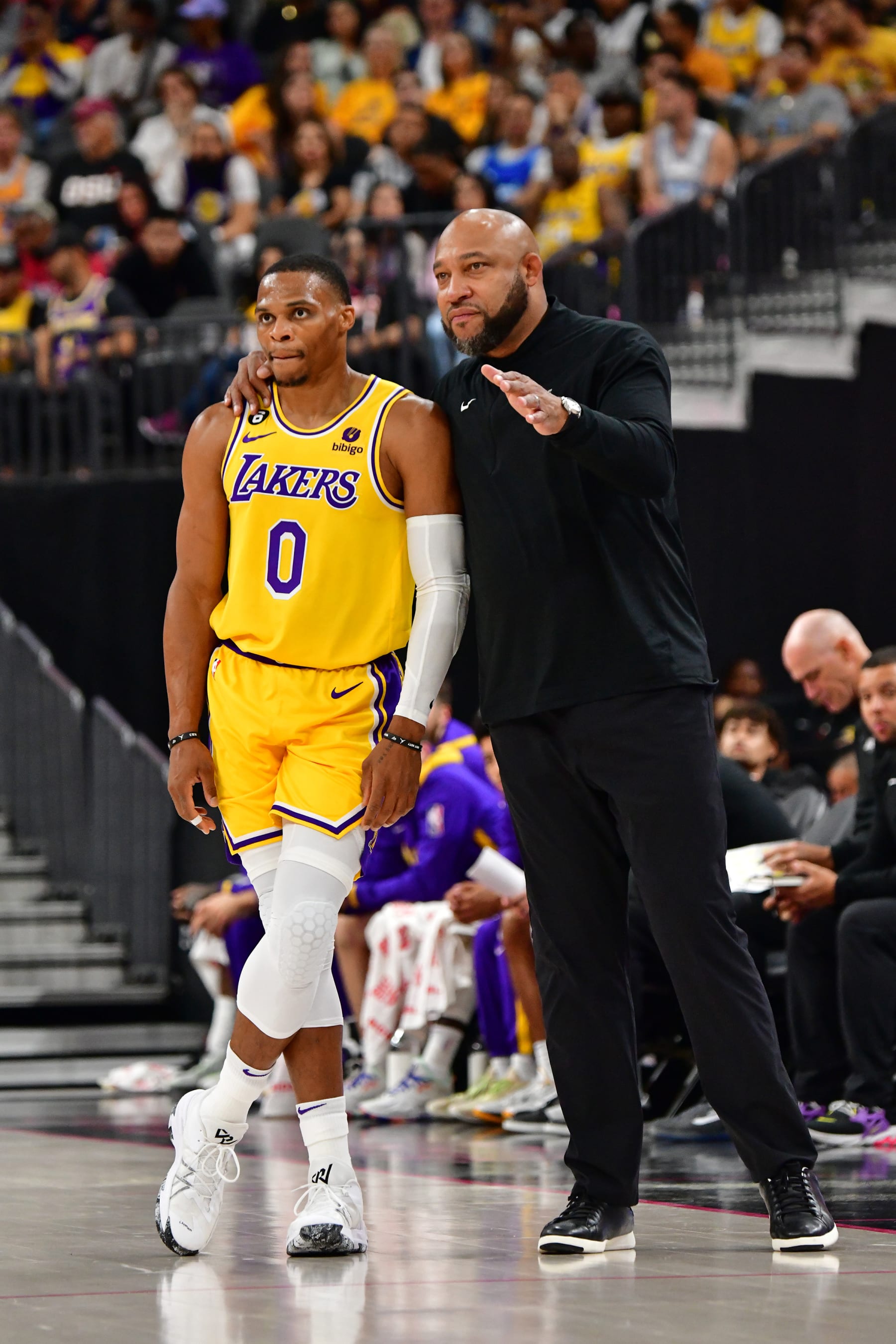 LAS VEGAS, NV - OCTOBER 5: Head coach Darvin Ham talks to Russell Westbrook #0 of the Los Angeles Lakers  during a preseason game against the Phoenix Suns on October 5, 2022 at T-Mobile Arena, Las Vegas, NV. NOTE TO USER: User expressly acknowledges and agrees that, by downloading and or using this photograph, user is consenting to the terms and conditions of the Getty Images License Agreement. Mandatory Copyright Notice: Copyright 2022 NBAE (Photo by Barry Gossage/NBAE via Getty Images)