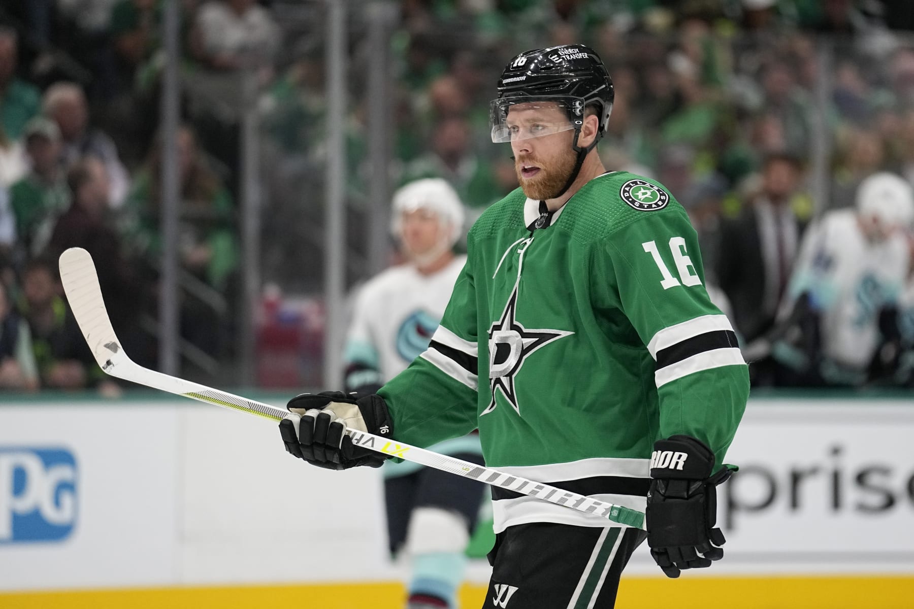 Dallas Stars center Joe Pavelski (16) prepares for a face-off against the Seattle Kraken in the third period of Game 2 of an NHL hockey Stanley Cup second-round playoff series, Thursday, May 4, 2023, in Dallas. Pavelski has scored five goals in the series thus far against the Kraken. (AP Photo/Tony Gutierrez)