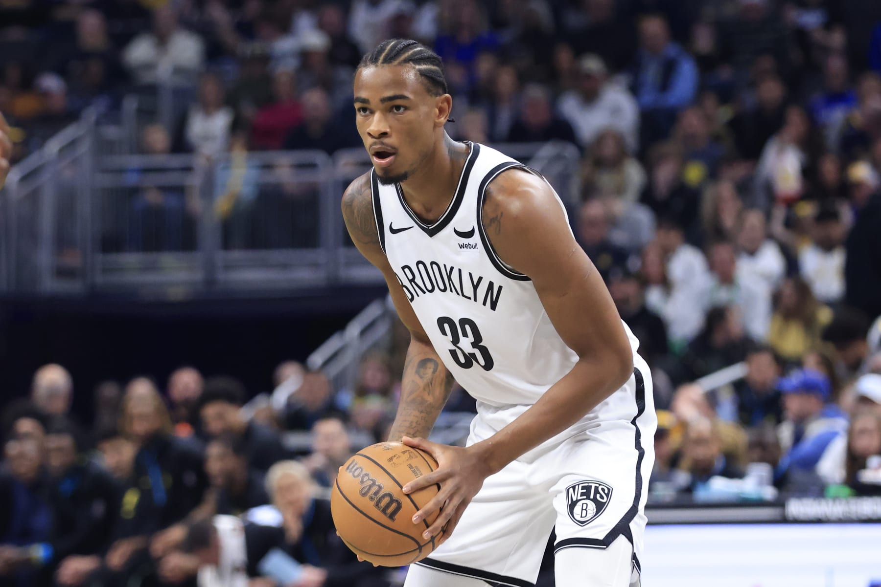 INDIANAPOLIS, INDIANA - MARCH 16: Nic Claxton #33 of the Brooklyn Nets brings the ball up the court \gapp at Gainbridge Fieldhouse on March 16, 2024 in Indianapolis, Indiana. NOTE TO USER: User expressly acknowledges and agrees that, by downloading and or using this photograph, User is consenting to the terms and conditions of the Getty Images License Agreement. (Photo by Justin Casterline/Getty Images) INDIANAPOLIS, INDIANA - MARCH 16: Nic Claxton #33 of the Brooklyn Nets brings the ball up the court \gapp at Gainbridge Fieldhouse on March 16, 2024 in Indianapolis, Indiana. NOTE TO USER: User expressly acknowledges and agrees that, by downloading and or using this photograph, User is consenting to the terms and conditions of the Getty Images License Agreement. (Photo by Justin Casterline/Getty Images)