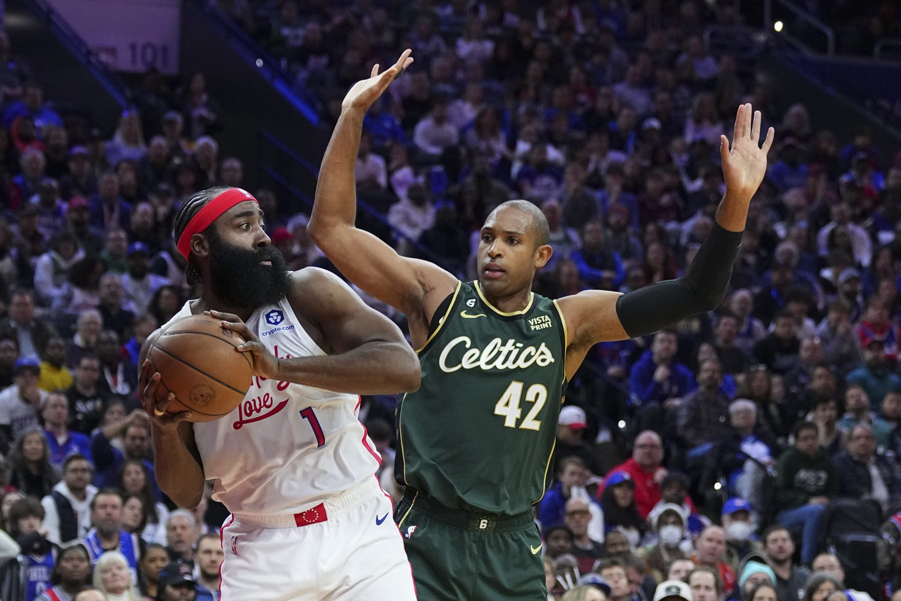 PHILADELPHIA, PA - FEBRUARY 25: James Harden #1 of the Philadelphia 76ers controls the ball against Al Horford #42 of the Boston Celtics at the Wells Fargo Center on February 25, 2023 in Philadelphia, Pennsylvania. The Celtics defeated the 76ers 110-107. NOTE TO USER: User expressly acknowledges and agrees that, by downloading and or using this photograph, User is consenting to the terms and conditions of the Getty Images License Agreement. (Photo by Mitchell Leff/Getty Images)
