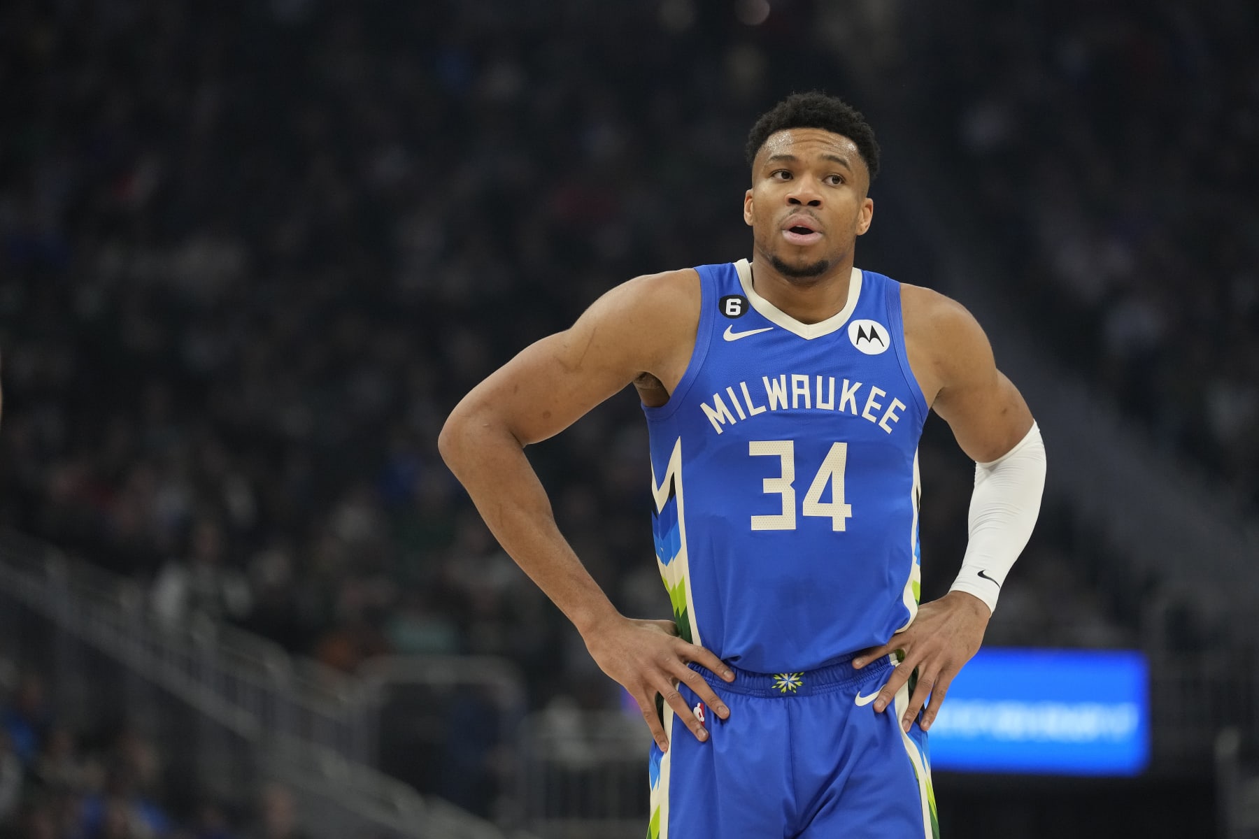 MILWAUKEE, WISCONSIN - MARCH 22: Giannis Antetokounmpo #34 of the Milwaukee Bucks looks on against the San Antonio Spurs during the first half at Fiserv Forum on March 22, 2023 in Milwaukee, Wisconsin. NOTE TO USER: User expressly acknowledges and agrees that, by downloading and or using this photograph, user is consenting to the terms and conditions of the Getty Images License Agreement. (Photo by Patrick McDermott/Getty Images)
